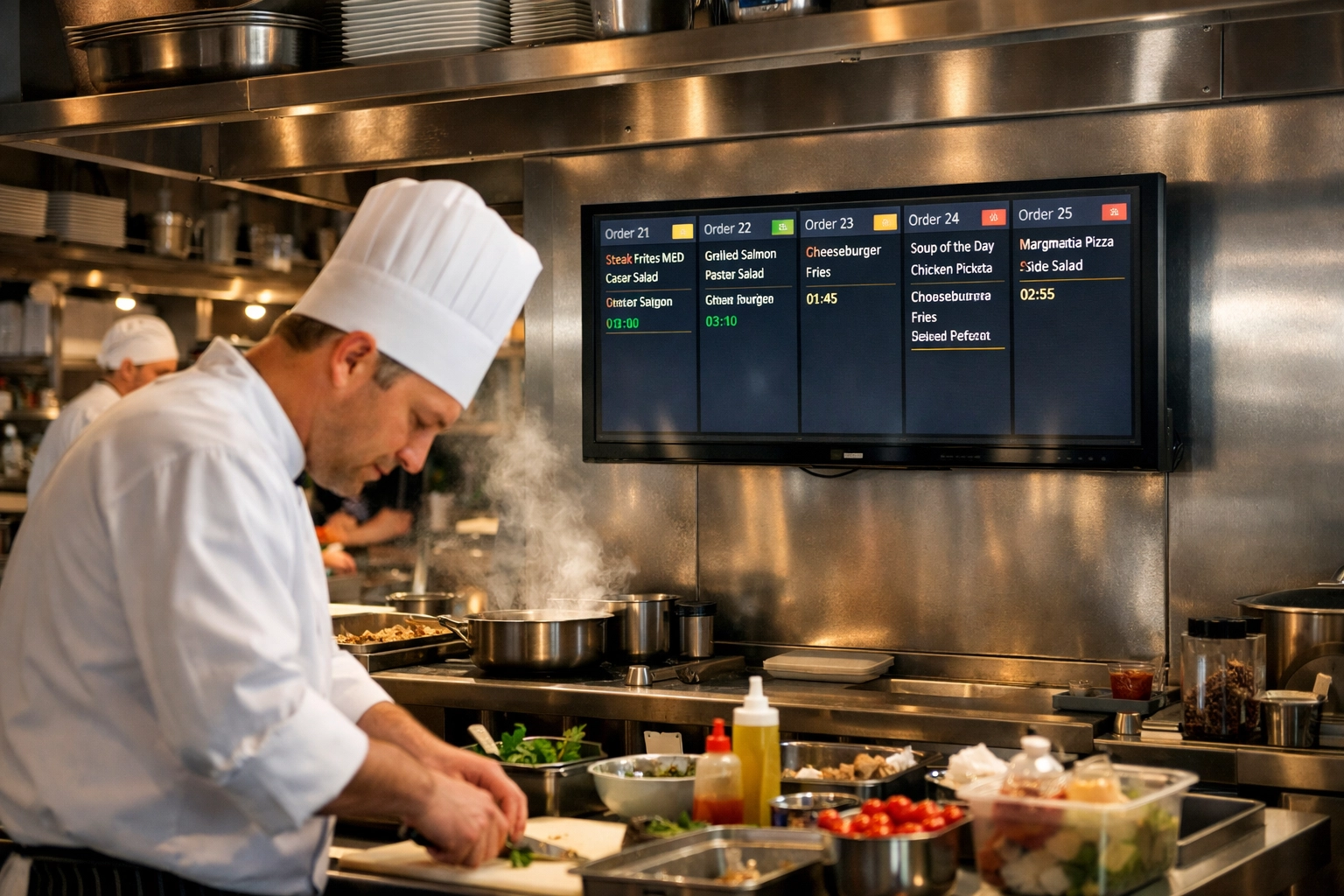 Restaurant kitchen display system showing orders with chef working at prep station