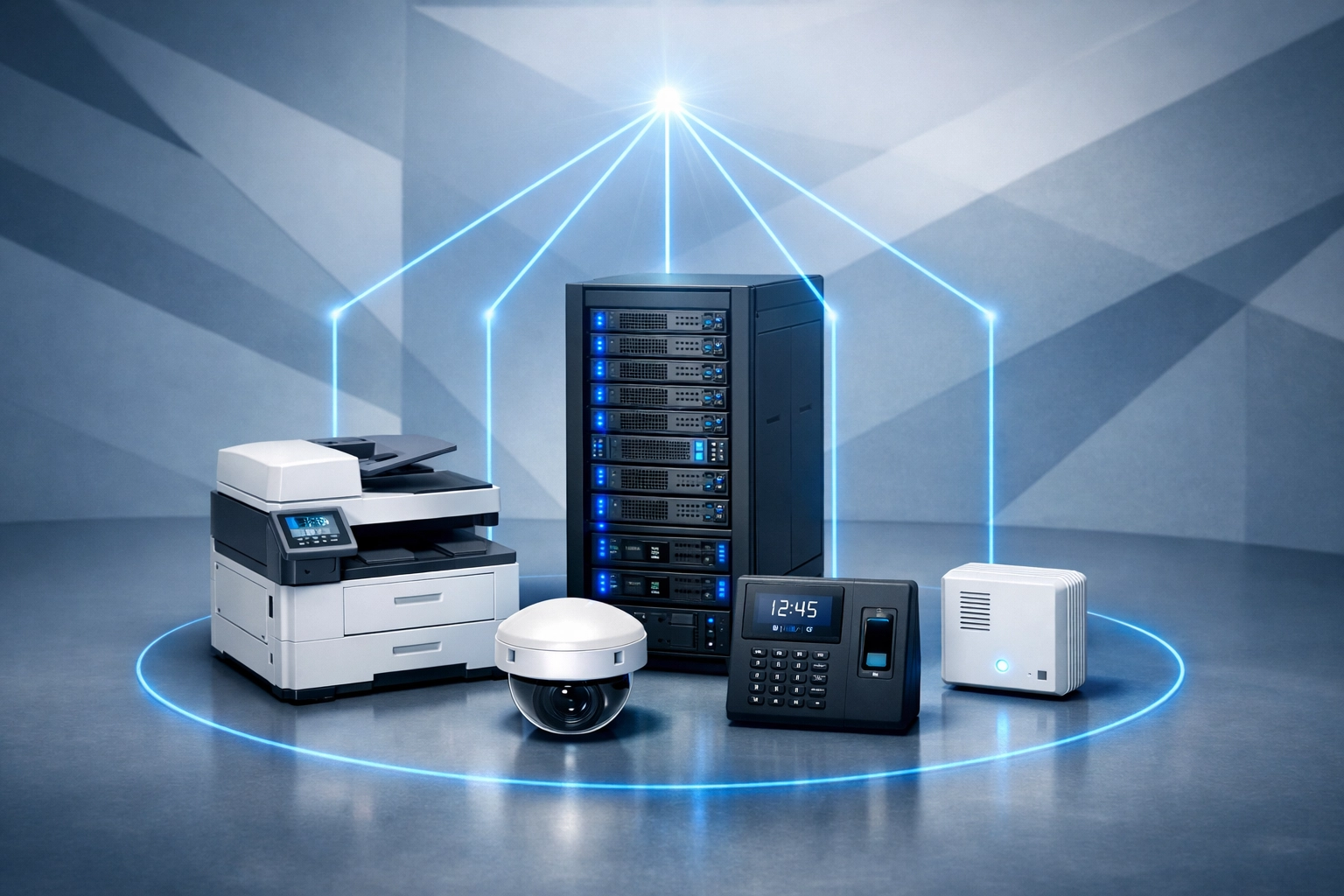 Multiple office devices connected through managed IT network infrastructure
