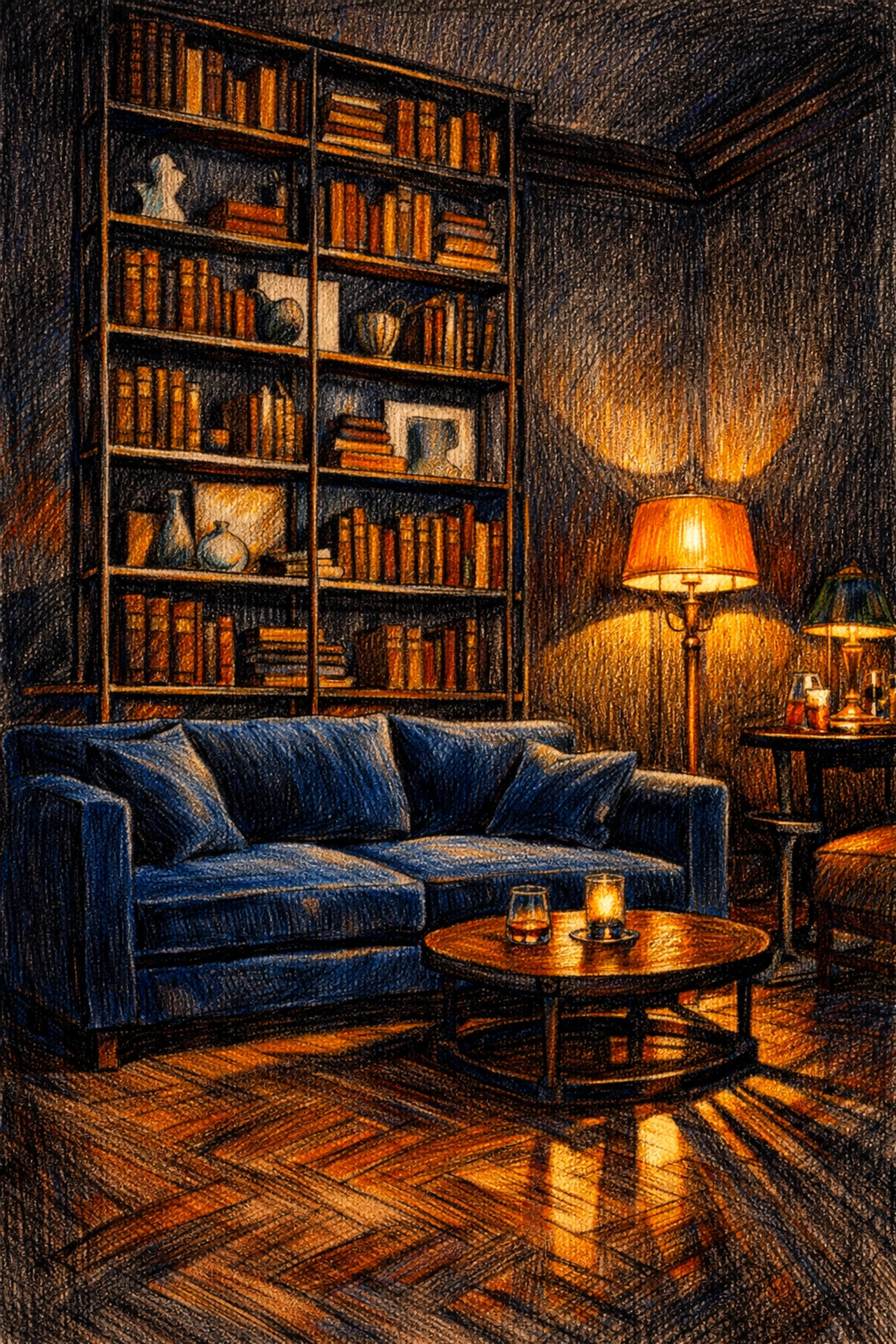 Industrial chic boutique hotel lounge with a navy blue sofa and textured wallpaper