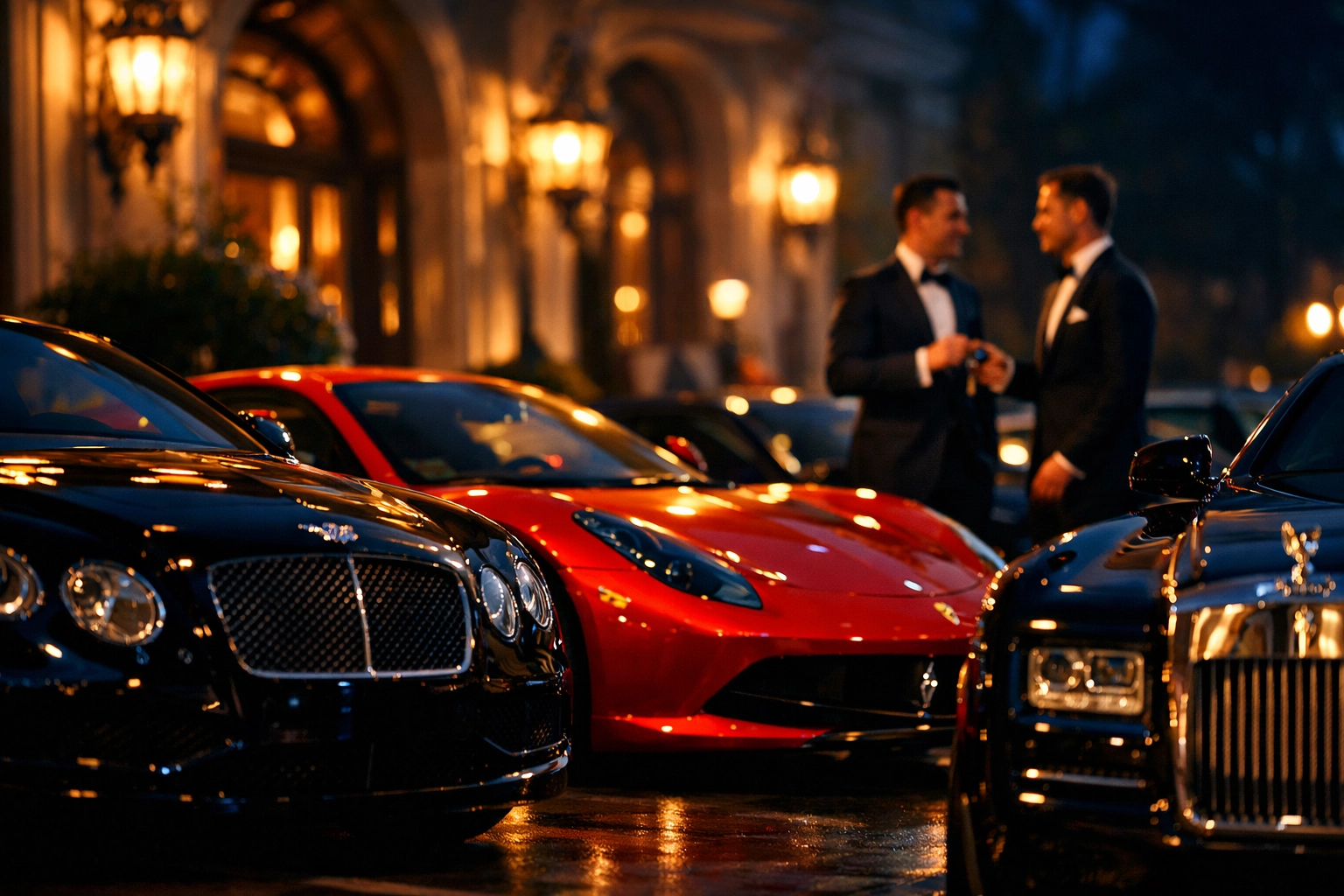Luxury supercars lined up at gay gala valet stand with attendees in tuxedos