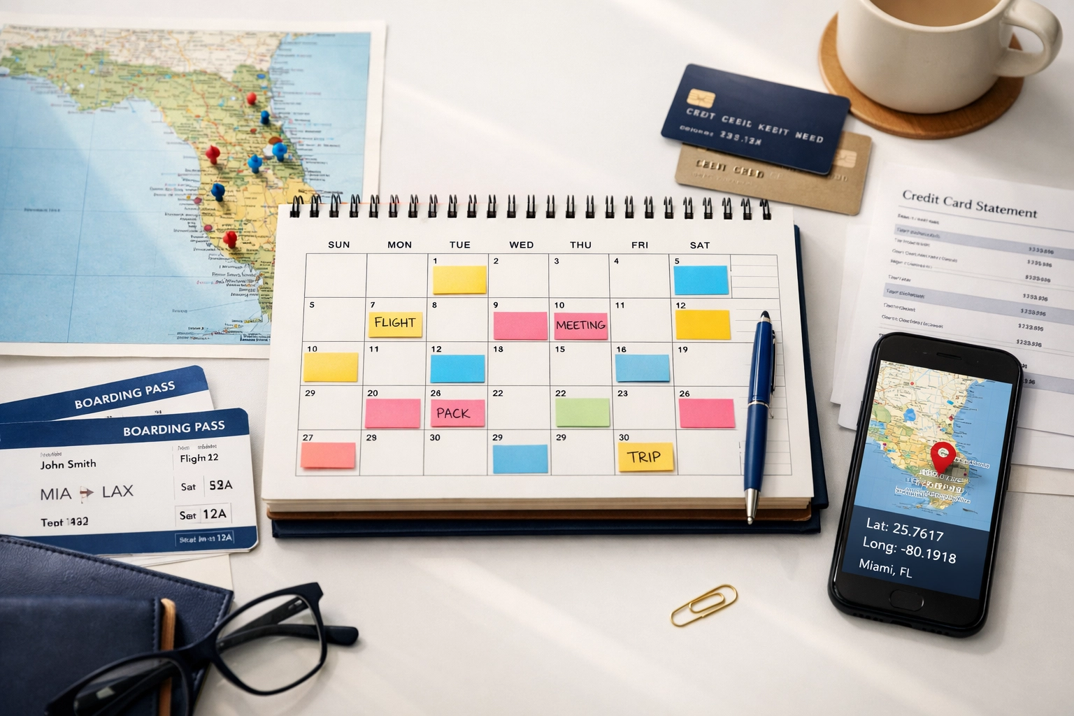 Organized documentation for Florida domicile checklist including calendar and location records