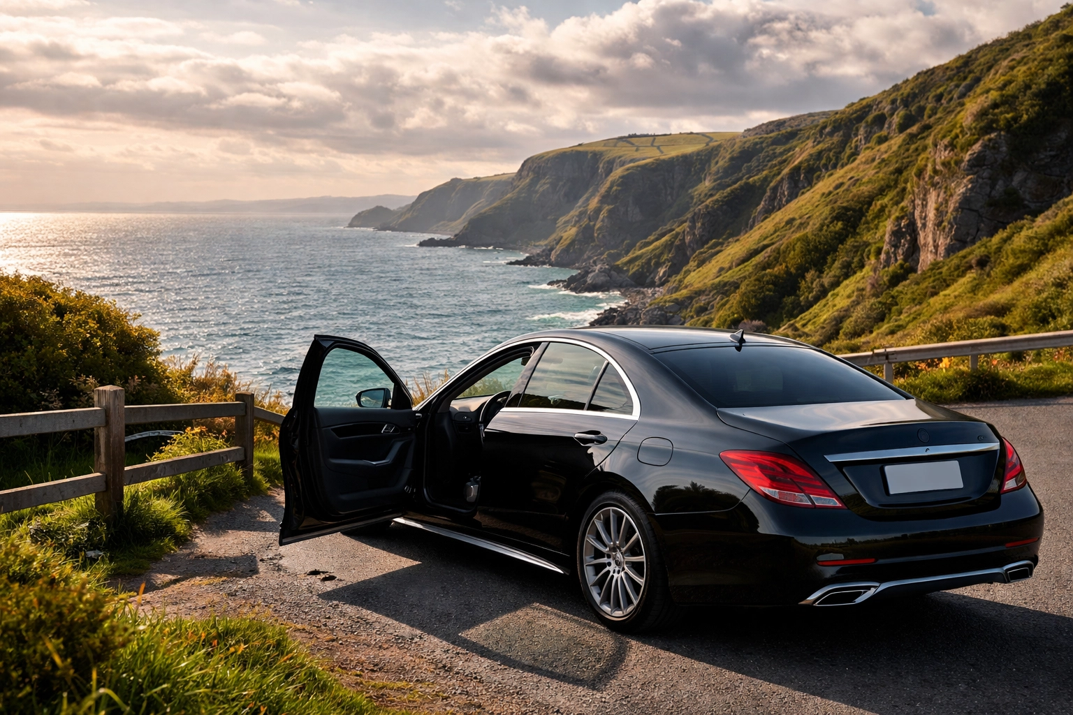 Luxury private car parked at Antrim Coast viewpoint on a Belfast airport transfer tour