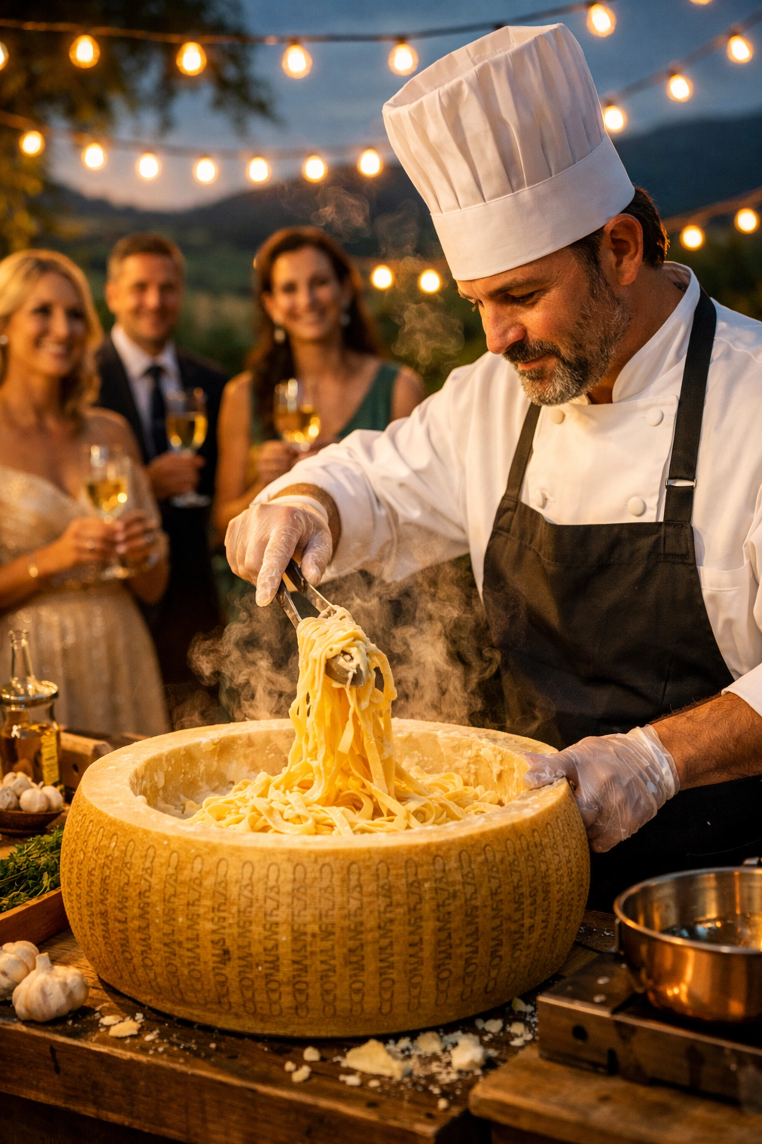 Interactive chef station at an Italian vineyard wedding featuring pasta made in a Parmesan cheese wheel.