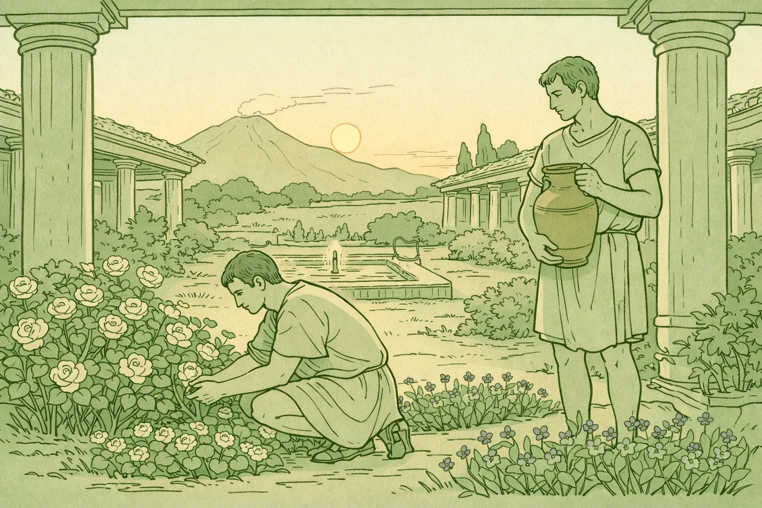 Two men tending a Roman garden in ancient Pompeii with Mount Vesuvius in the distance