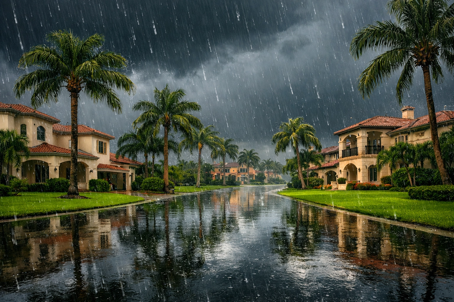 Tropical rainstorm on a Florida street with palm trees, illustrating common flood risks for coastal homes.
