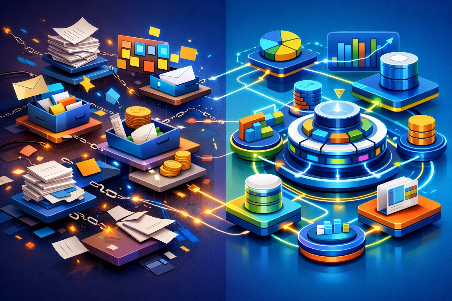 Disconnected messy tech systems transforming into a clean engineered business hub with unified data flow.