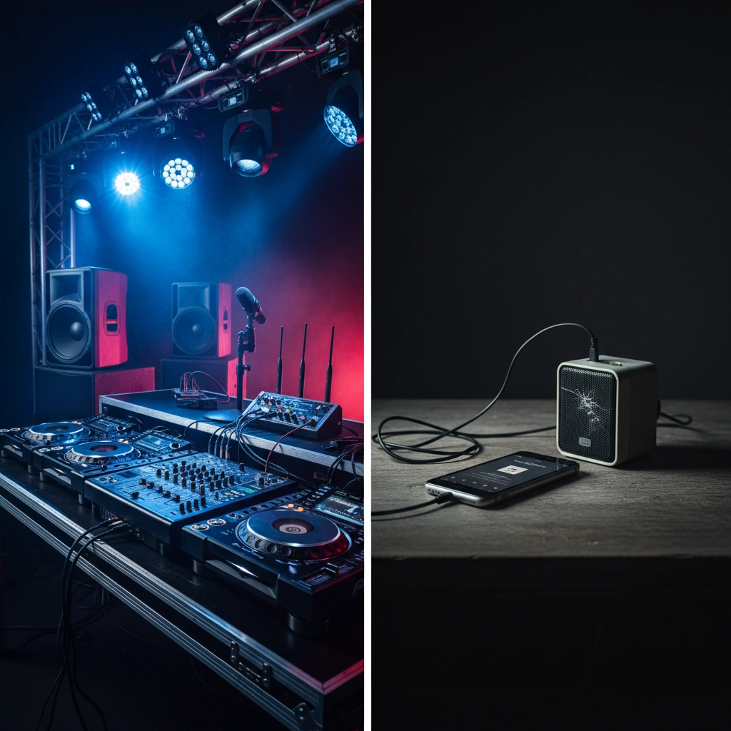 DJ setup with colorful lights and speakers on the left; smartphone and small speaker on a wooden table on the right. Dark atmosphere.