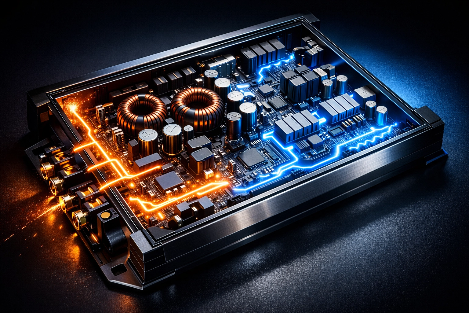 High-efficiency amplifier internal circuitry showing minimal heat generation and power flow