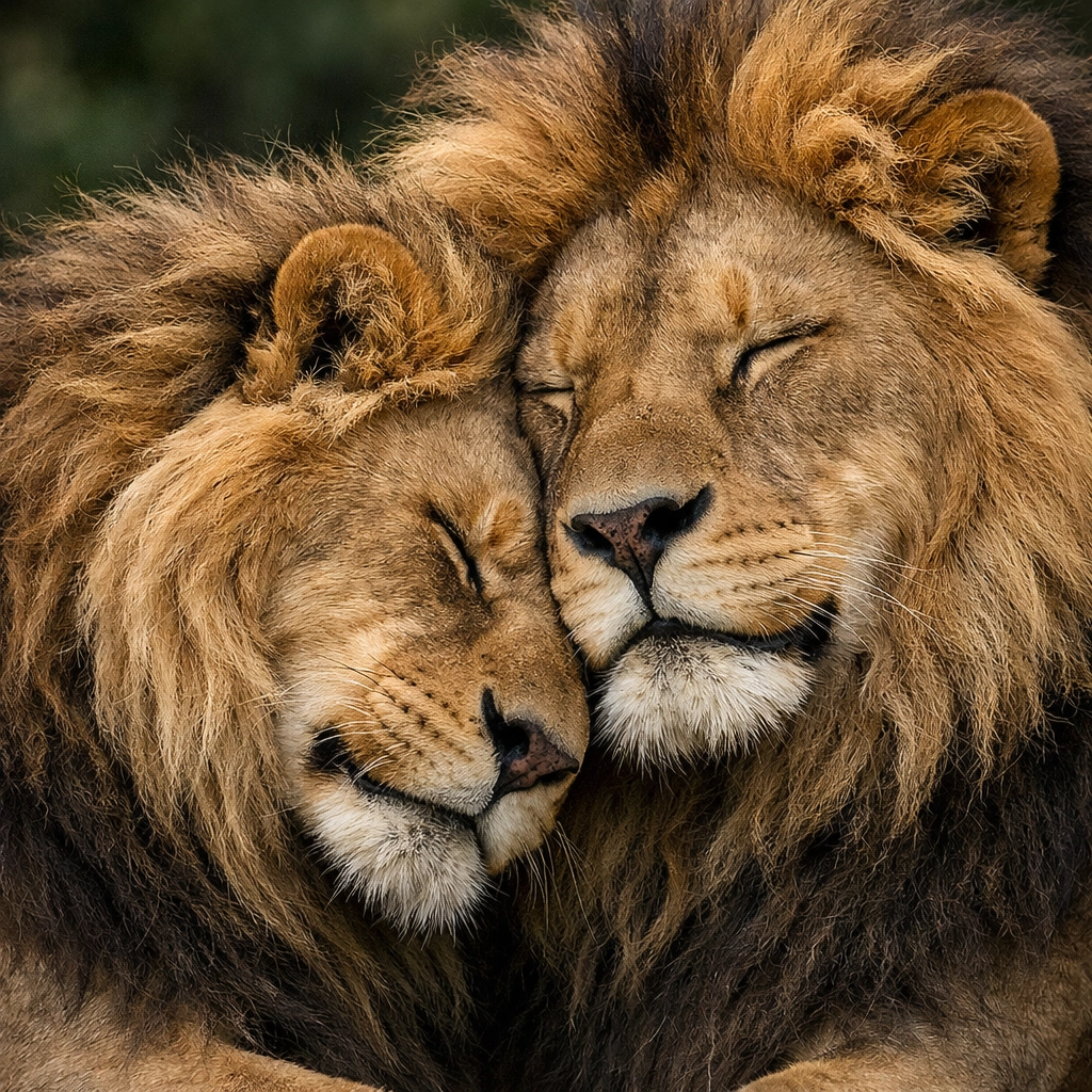 Two male lions head rubbing in an affectionate display of bonding and emotional connection.