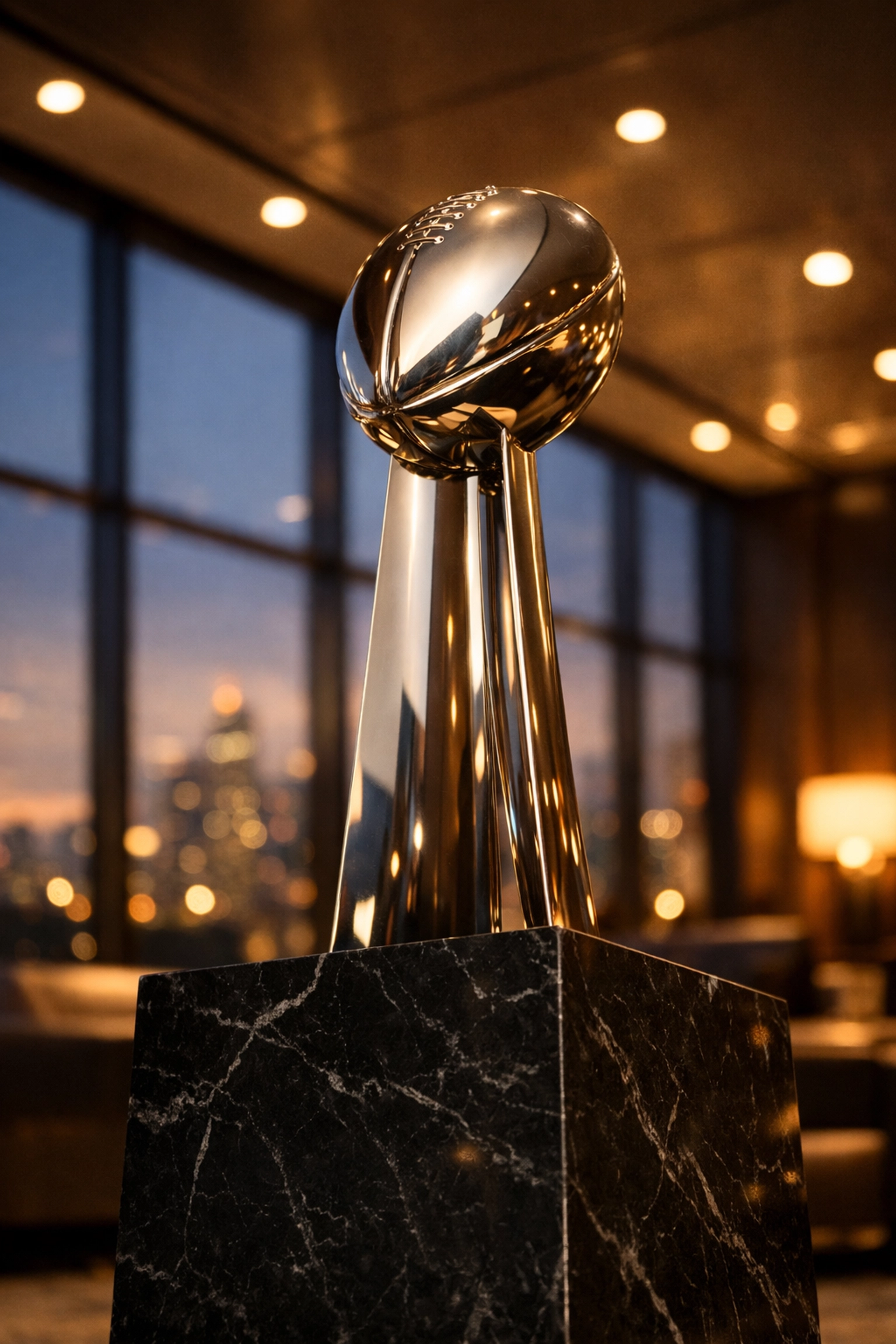 The iconic championship trophy on display for fan photo ops at a Super Bowl 2026 brand event.