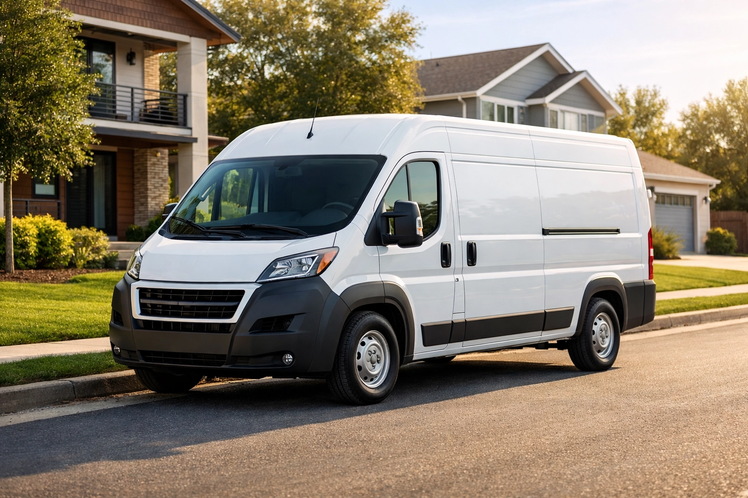 A clean white service van parked on a suburban street, representing a professional trades fleet.