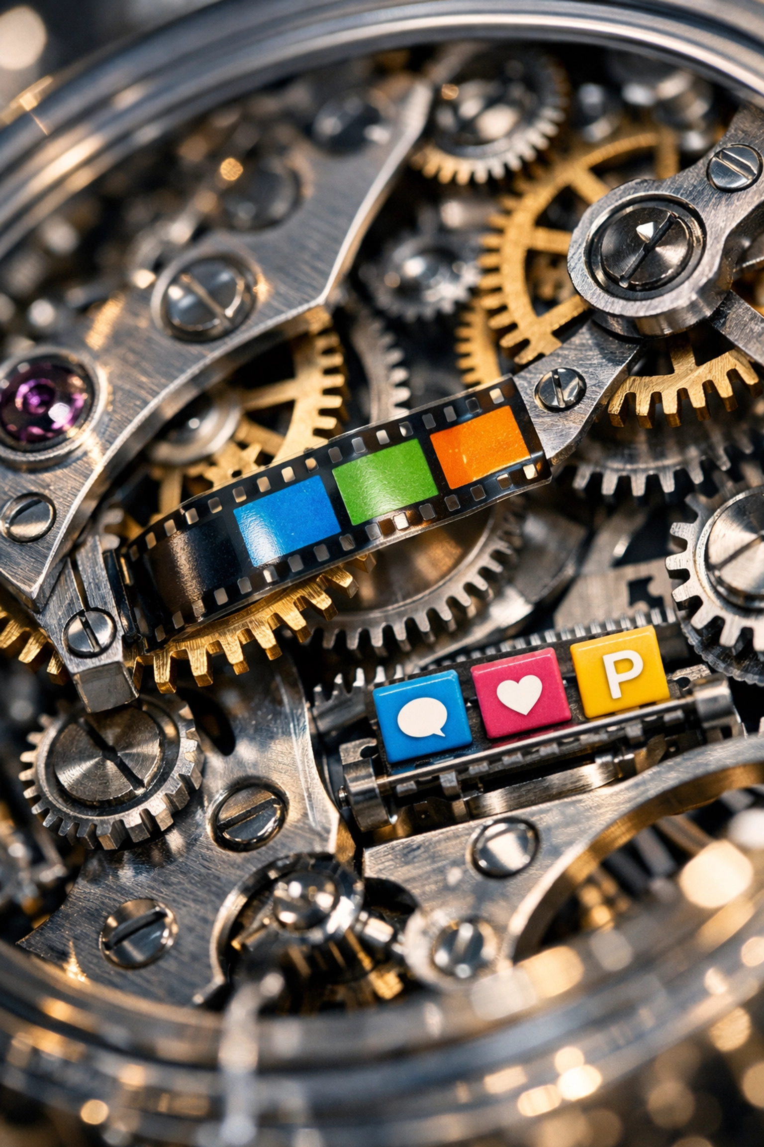 Intricate clockwork gears automating the distribution of social media posts for consistent online visibility.