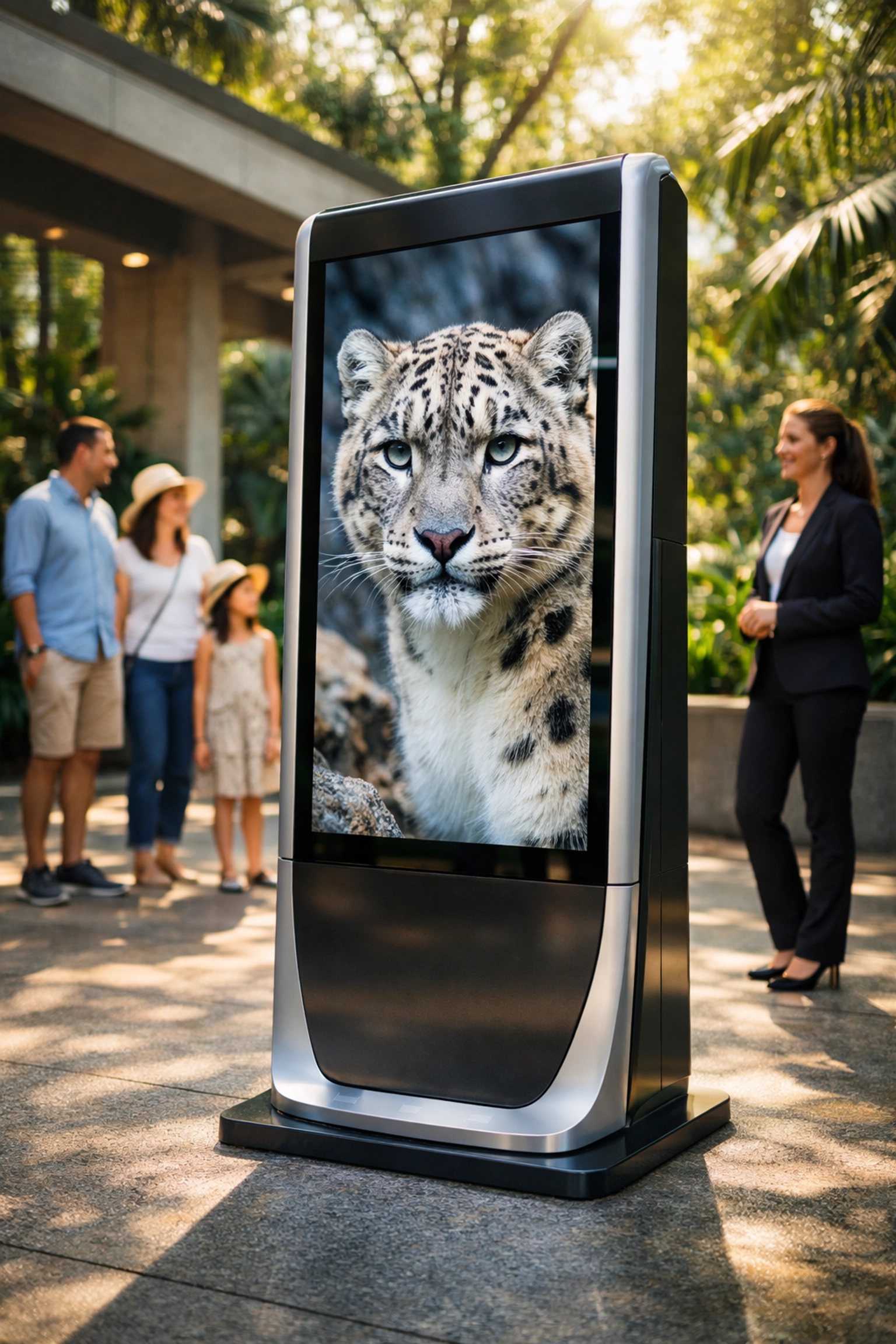 Modern zoo digital marketing kiosk displaying interactive wildlife content for visitor brand engagement.