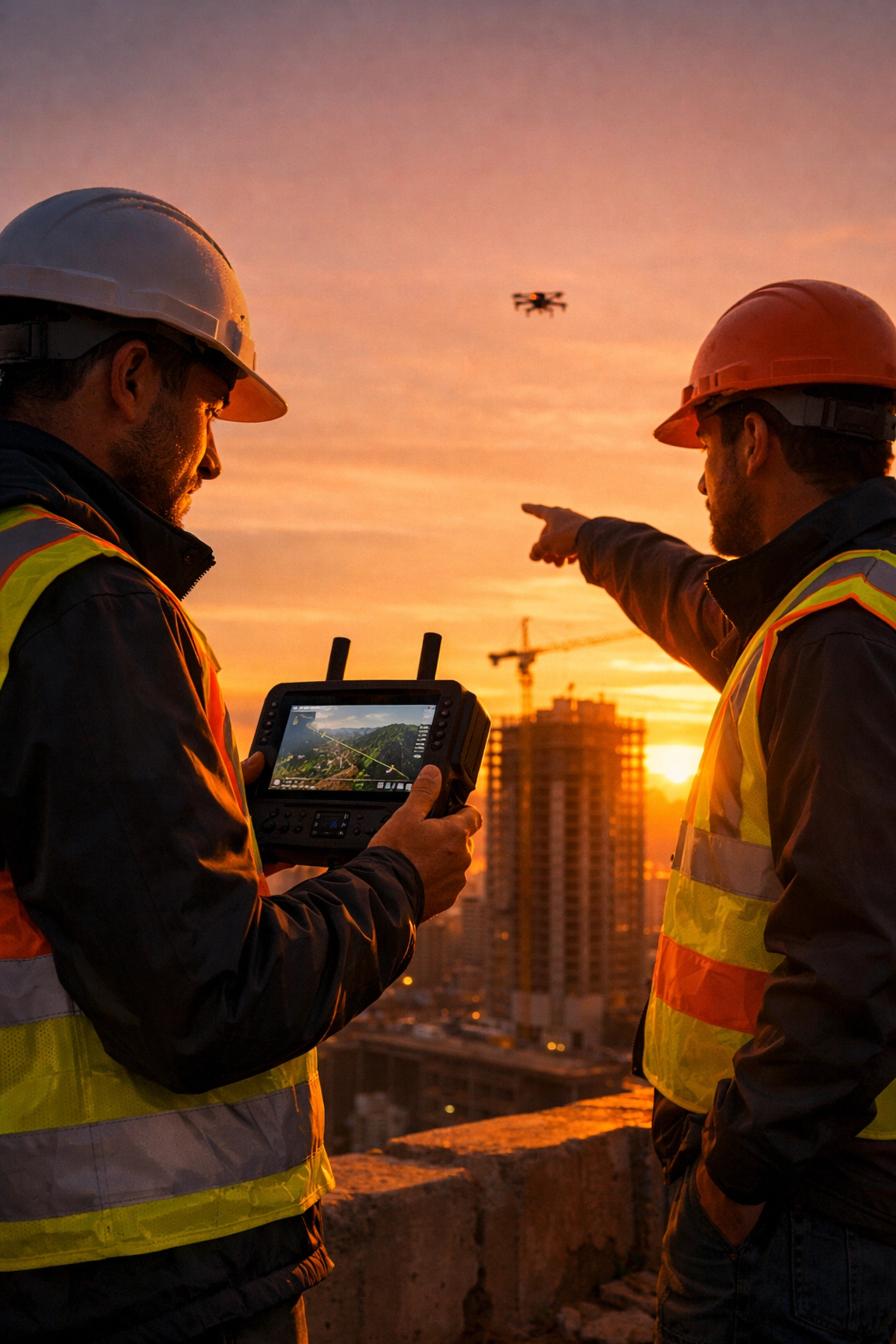 Professional drone pilots in safety vests monitoring a construction site during an aerial survey.