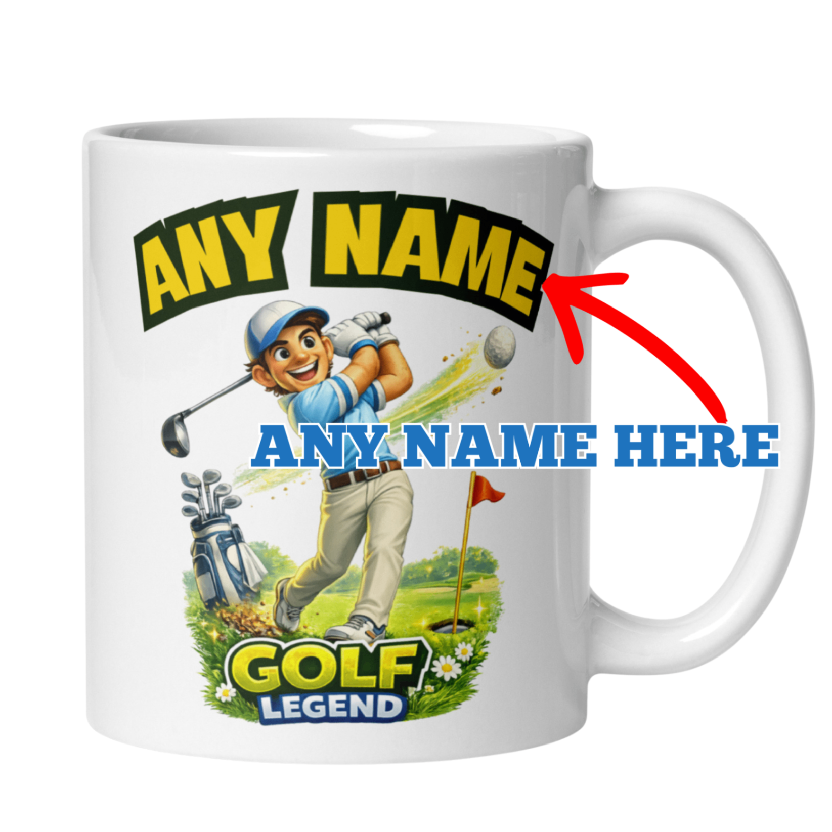White ceramic mug featuring cartoon golfer and custom name area