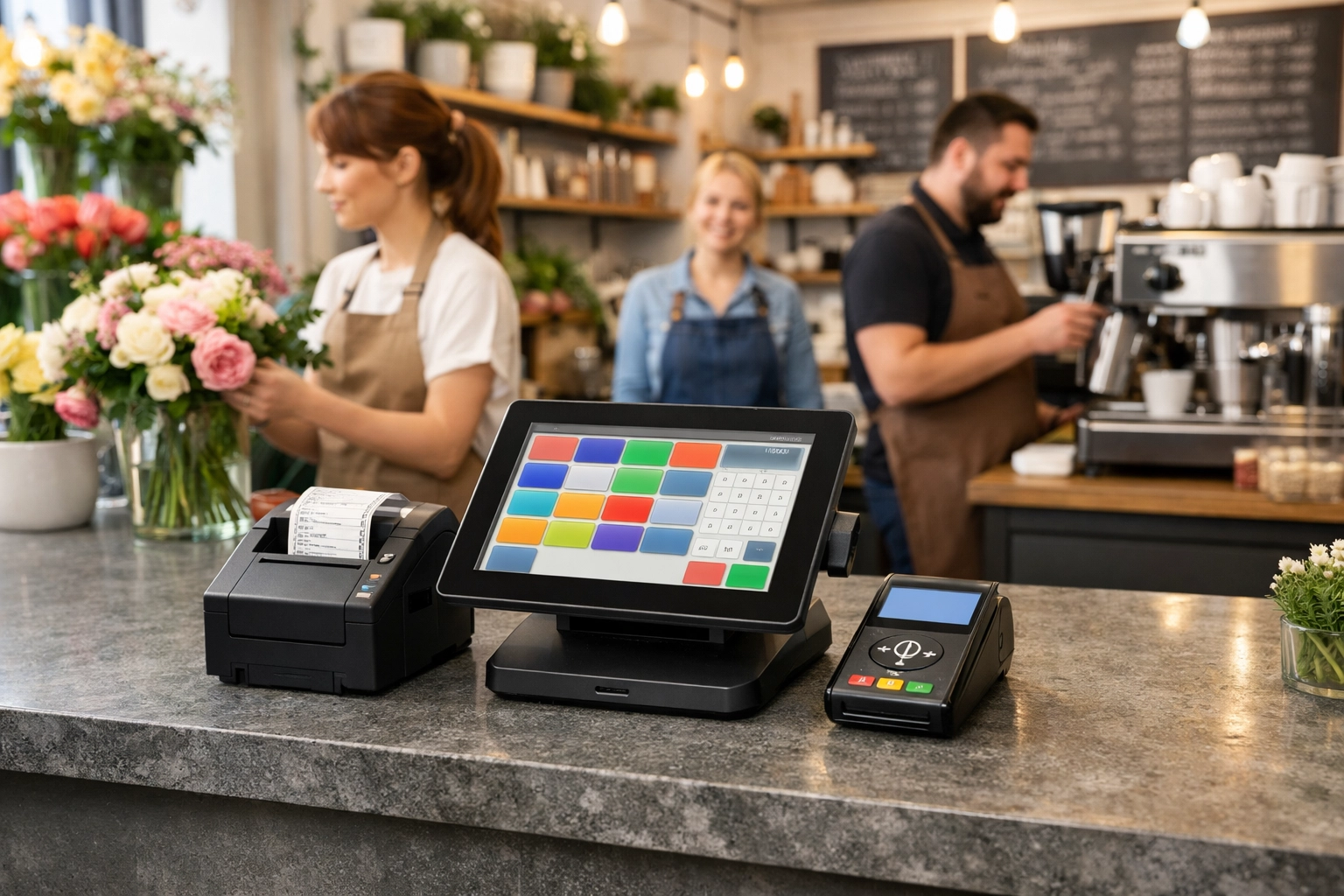 Professional restaurant pos system and retail till setup in a modern, light-filled florist cafe.