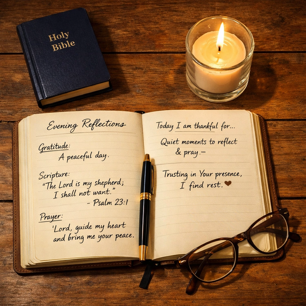 Evening reflection setup with journal, Bible, and candle for processing daily news prayerfully