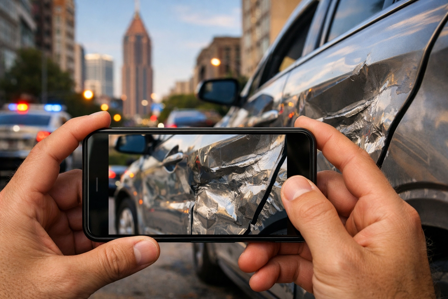 Documenting car accident damage with smartphone after Atlanta collision