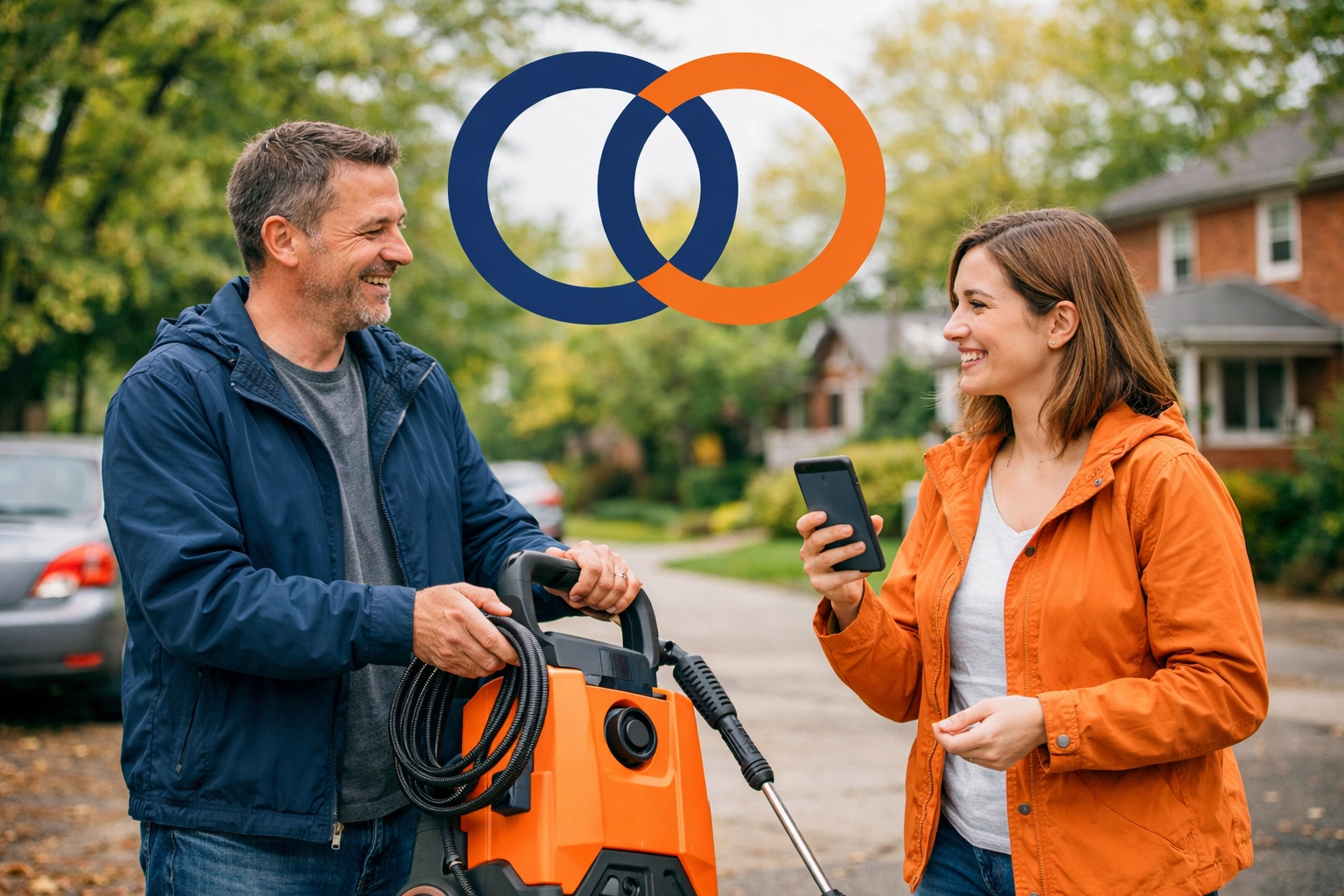 Neighbors sharing a rental pressure washer in Reading, MA, using the Chartrflex peer-to-peer app.