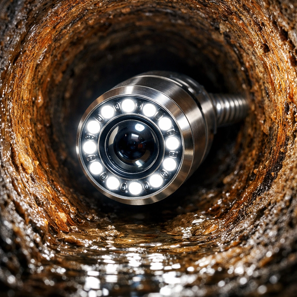 High-definition sewer inspection camera with LED lights illuminating the interior of a clay sewer pipe.