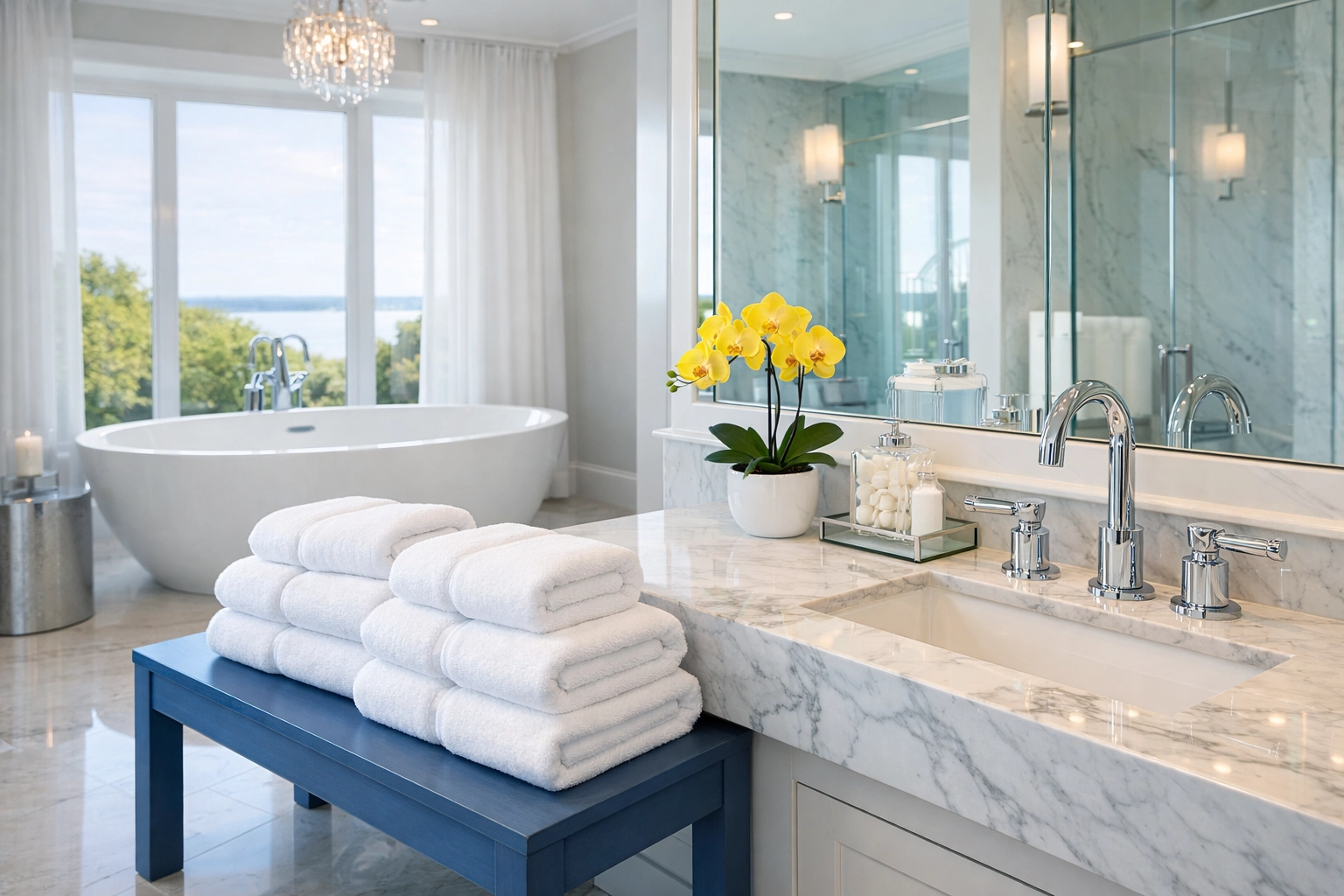 Organized luxury master bathroom in Groton showing professional staging cleaning results and sparkling surfaces.