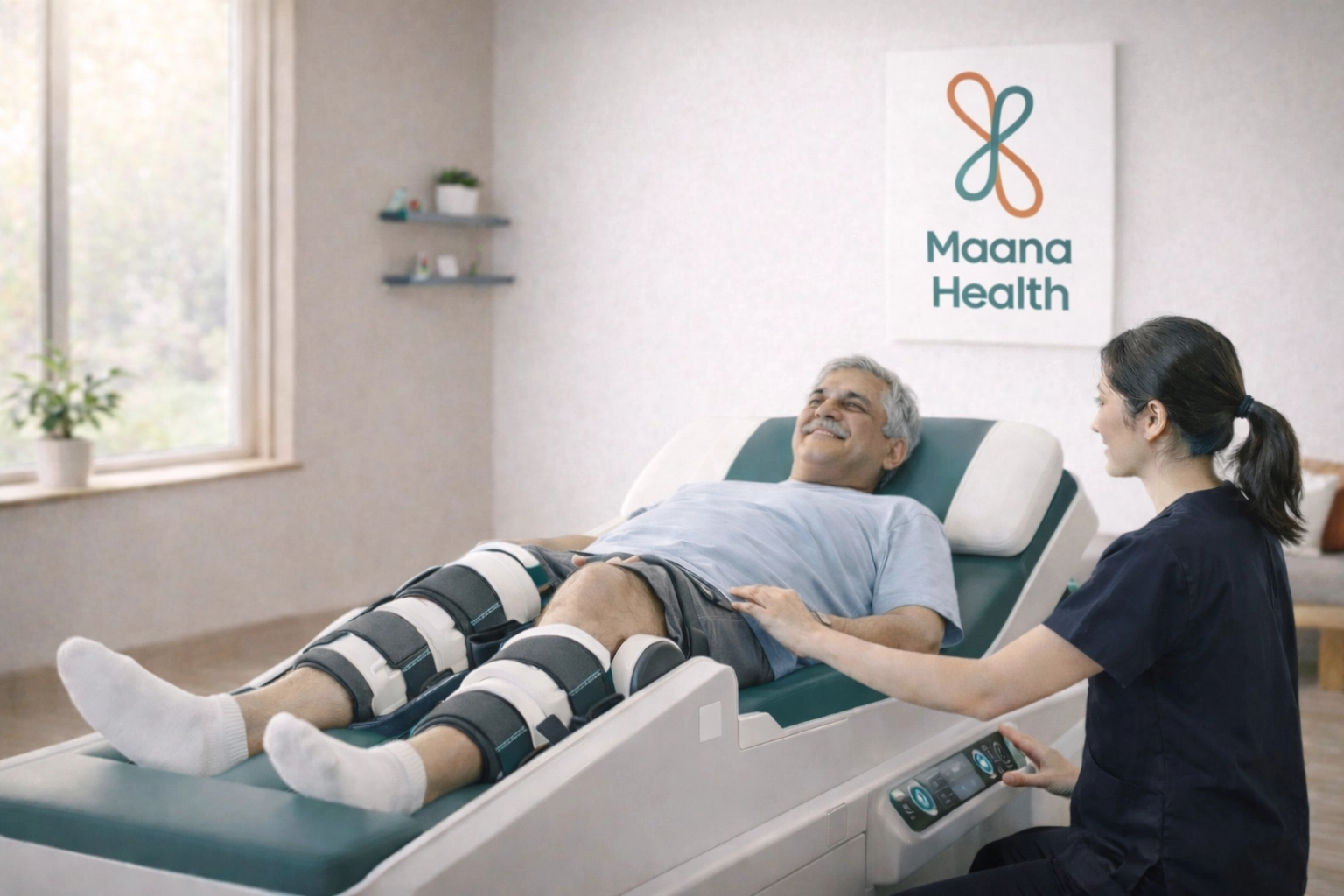 Patient receiving advanced non-surgical knee pain treatment using South Korean robotic technology at Maana Health.