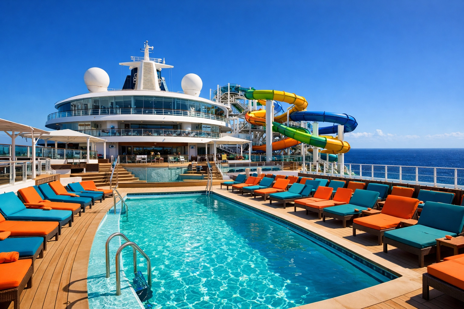 A modern mega-ship pool deck with vibrant lounge chairs and water slides overlooking the ocean.