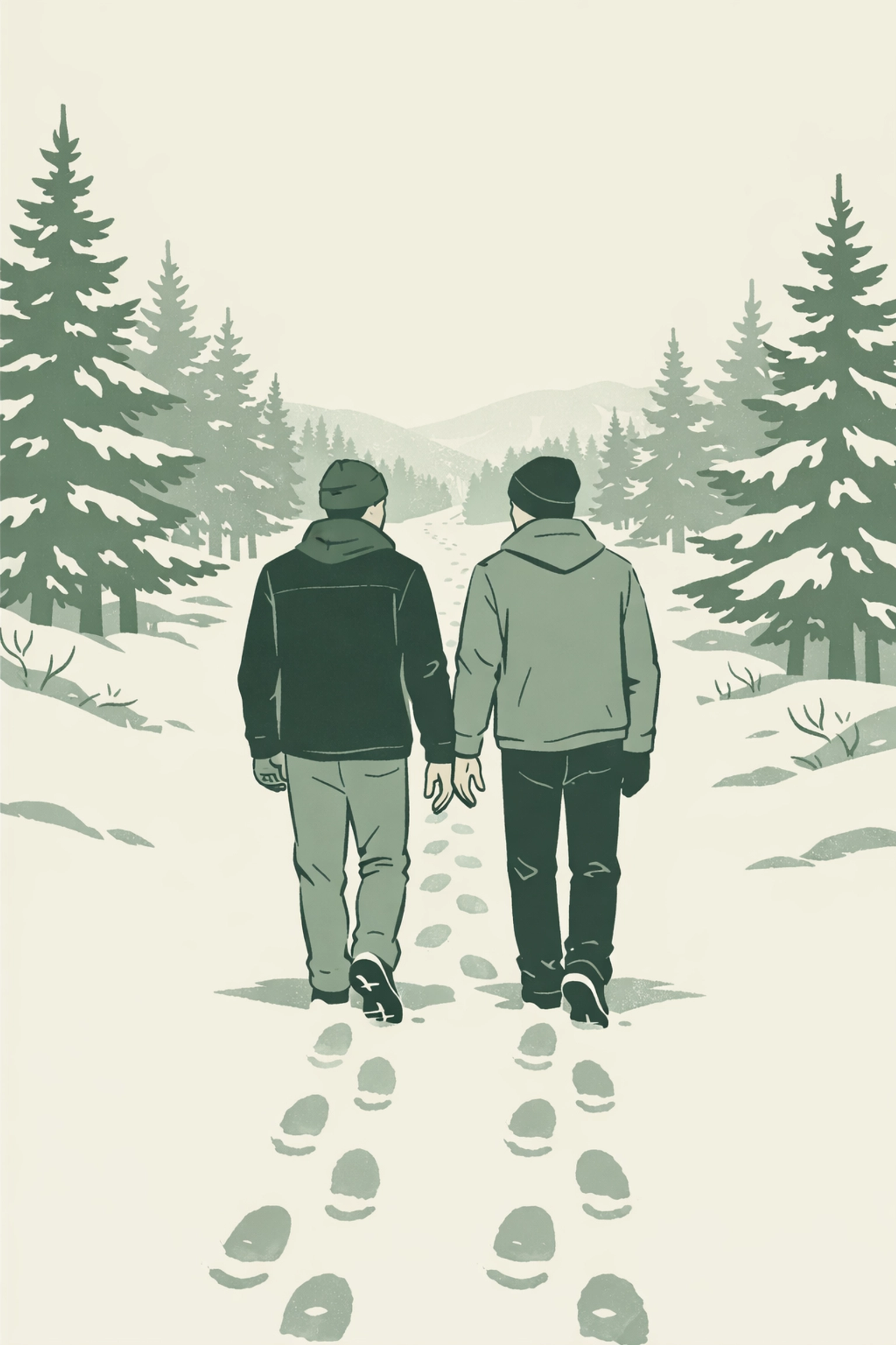 Two men walking winter trail friendship to lovers, slow-burn MM romance hesitation