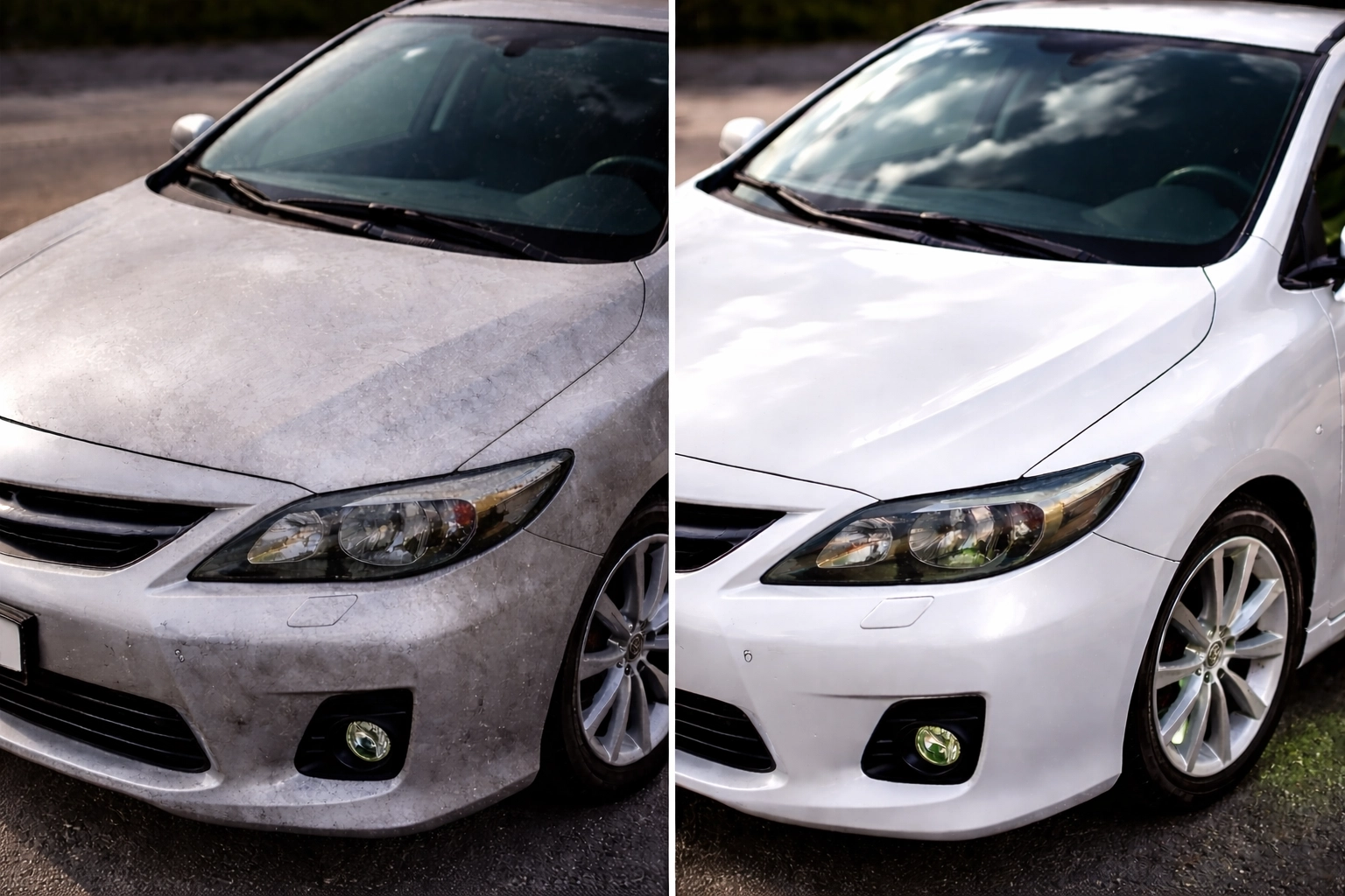 Comparison of two silver cars: one with paintwork protection looking pristine, one with visible damage