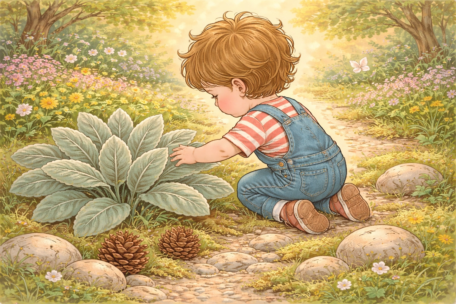 Child exploring touch garden by feeling lamb's ear leaves among moss, pinecones, and stones
