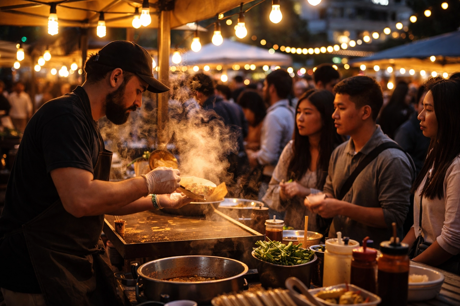 Busy night market food stall serving customers as a low-risk feasibility study for restaurant concepts