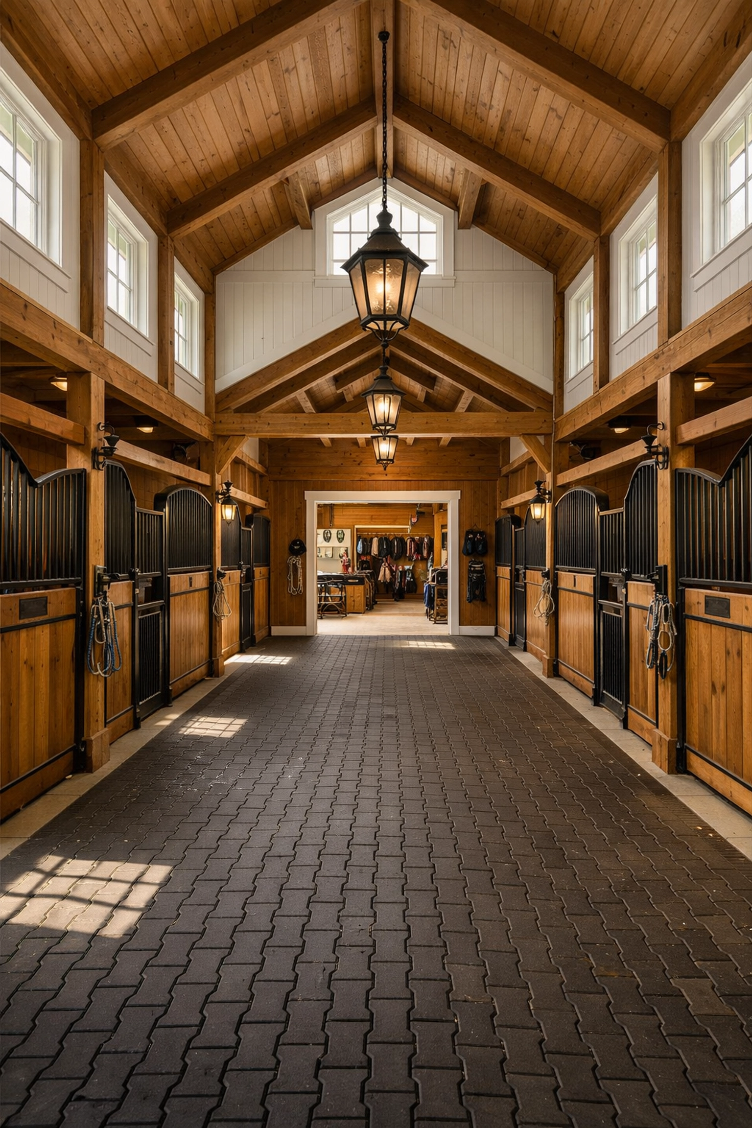 Horse barn interior with center aisle and stalls at Waxhaw equestrian estate