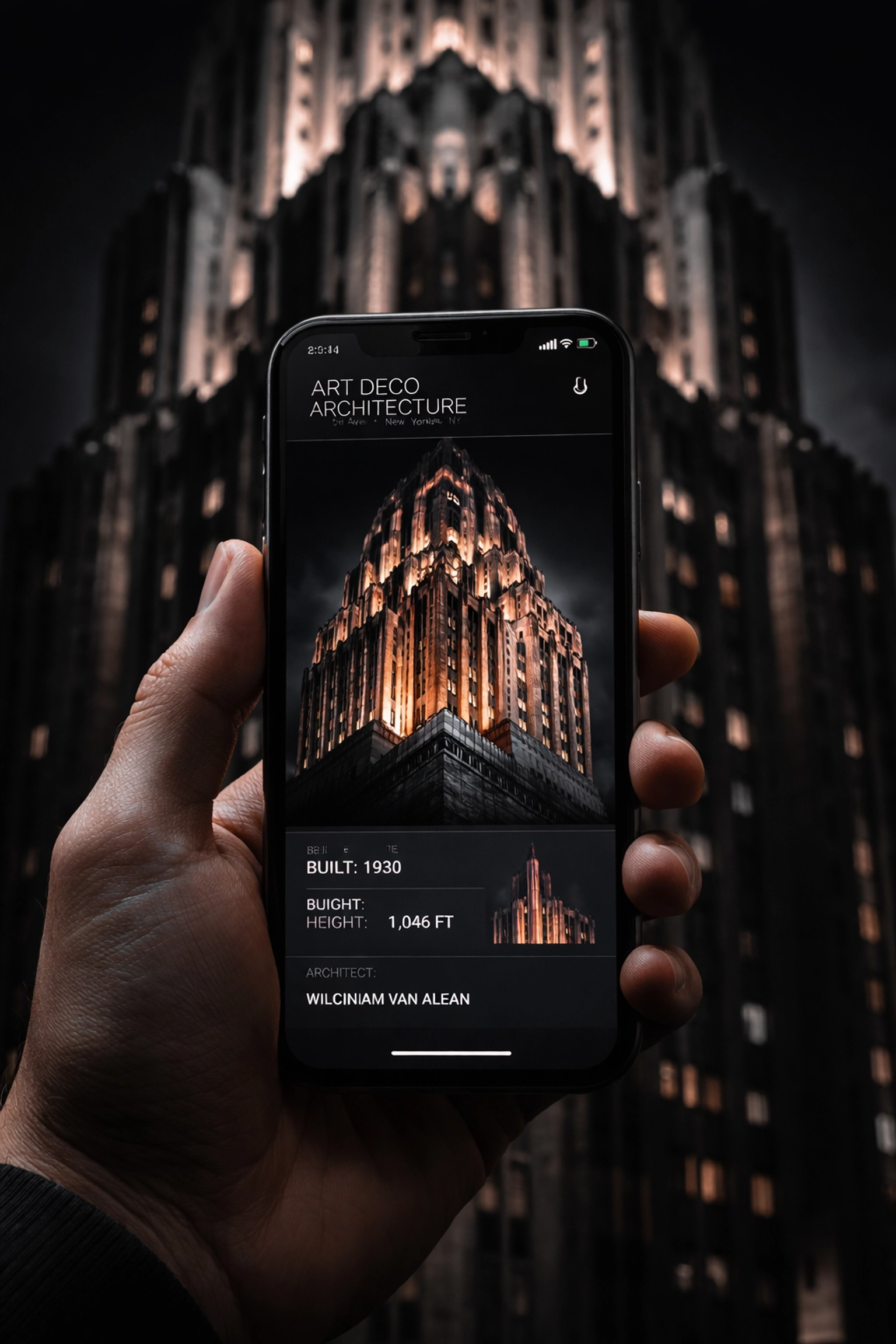 Smartphone displaying landmark details in front of an Art Deco building, illustrating instant AI-powered landmark recognition for travelers