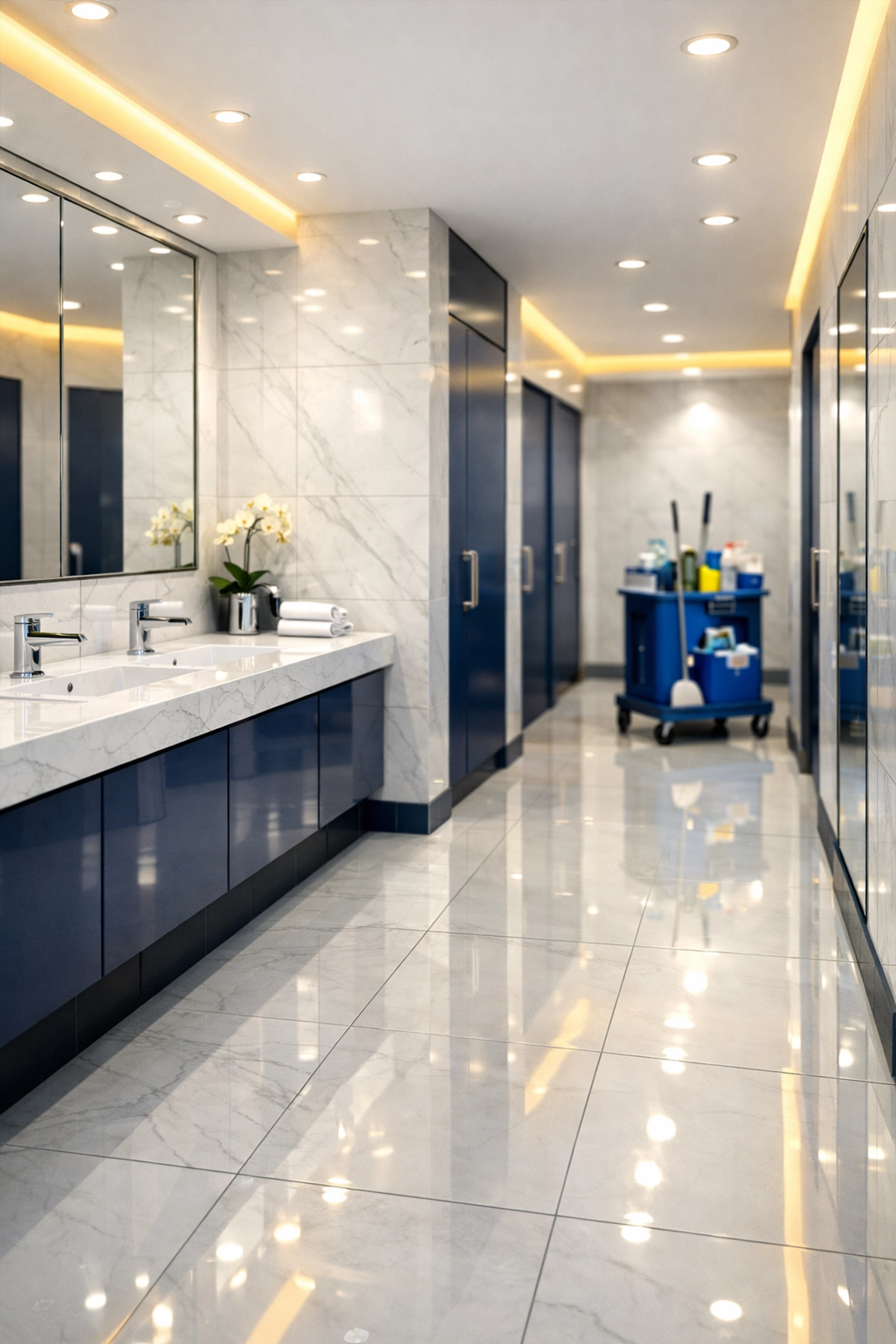 Sparkling commercial restroom with clean tile floors and streak-free mirrors after deep cleaning.