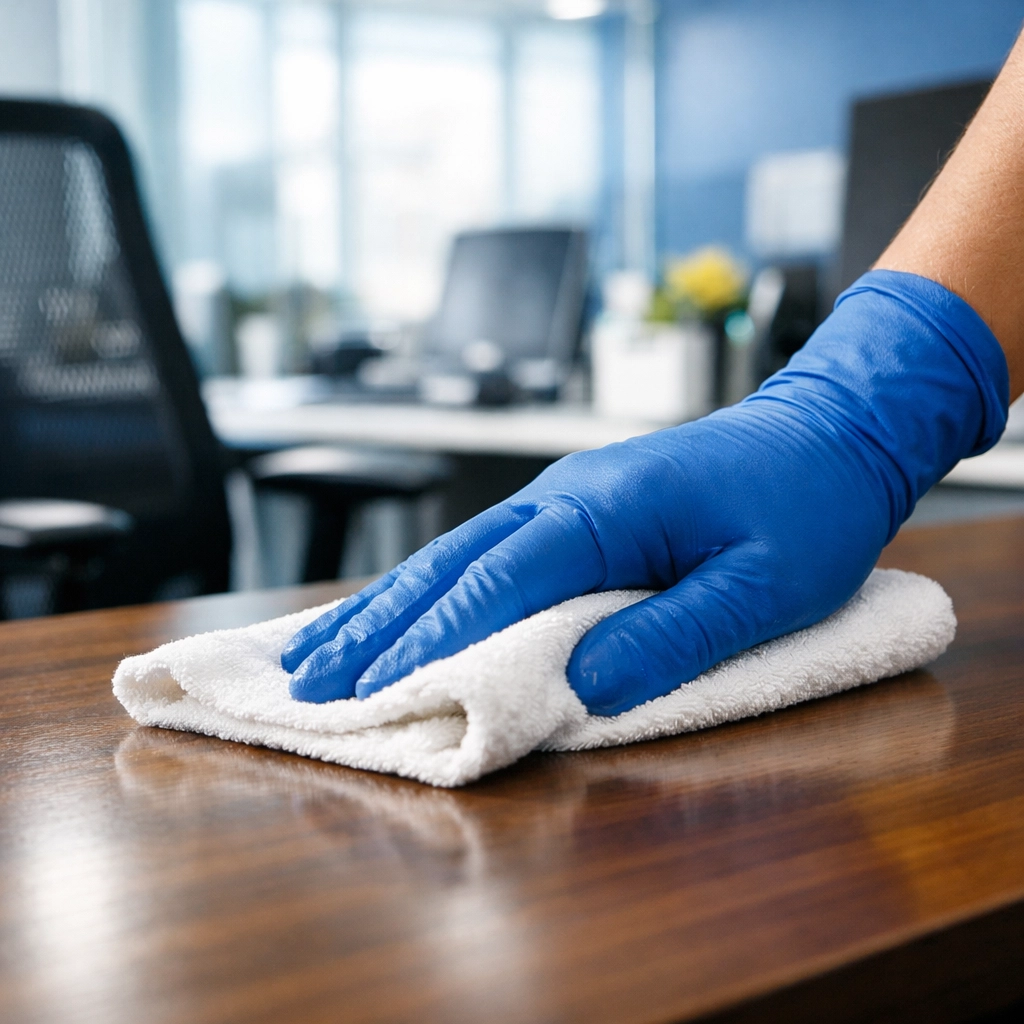 Professional cleaner in blue gloves wiping a modern office desk in Natick, Massachusetts.