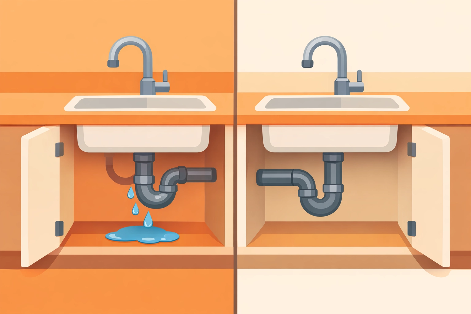 Before and after photo app illustration showing a repaired kitchen sink for construction documentation.