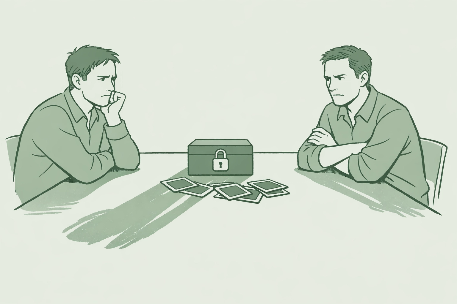 Two men face tense confrontation across table in MM psychological suspense thriller illustration