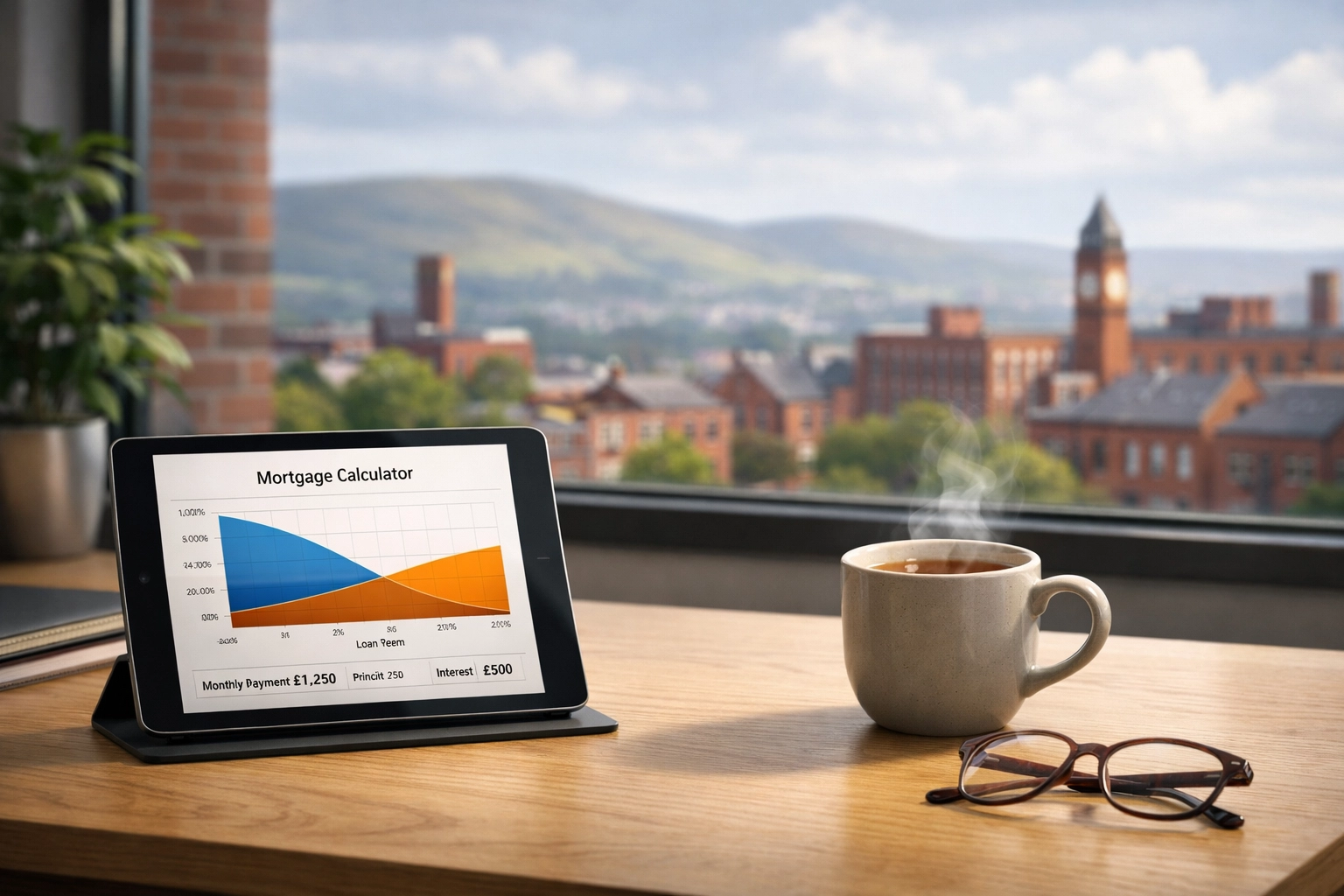Professional mortgage broker office in Oldham with a tablet showing mortgage rates and local scenery.