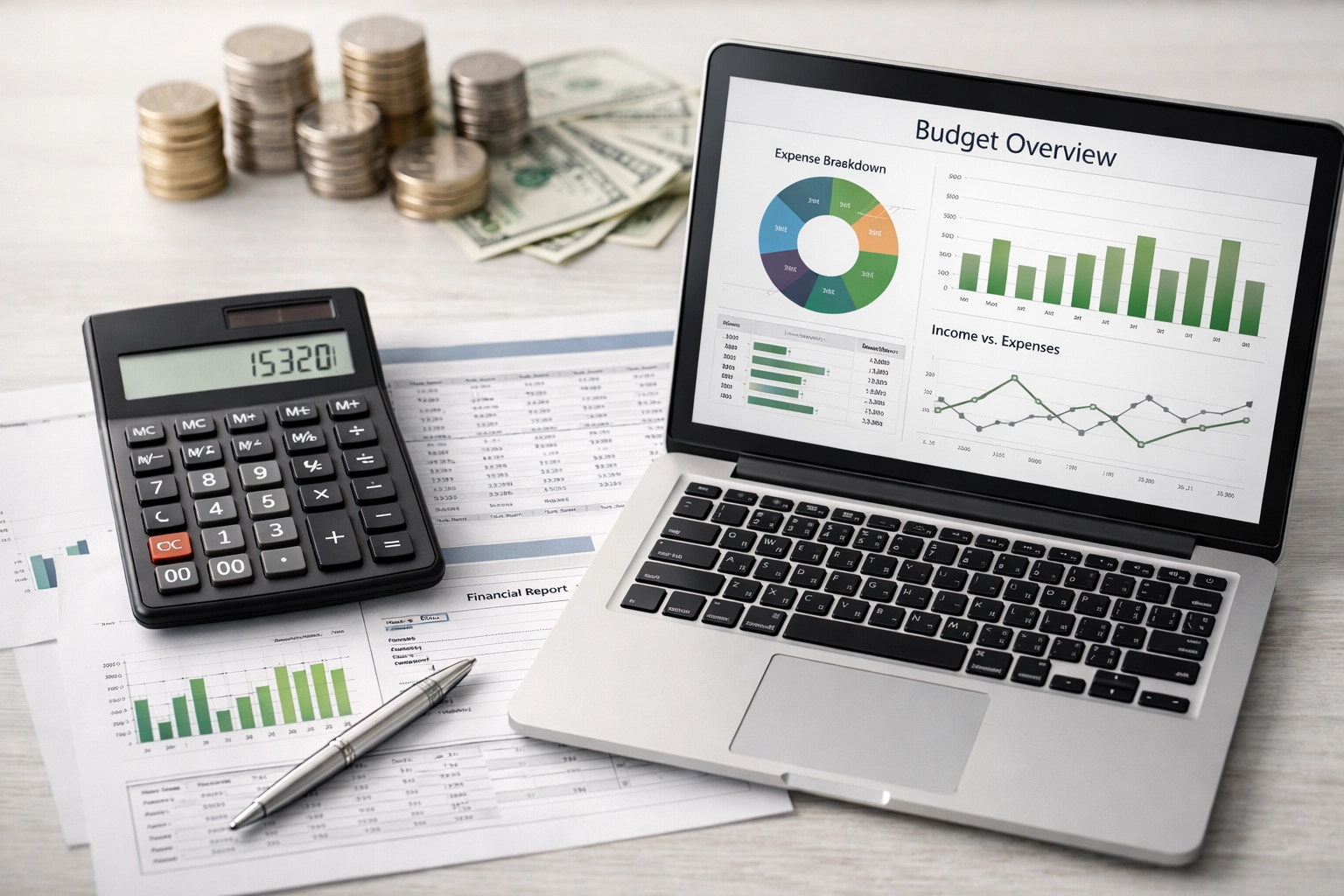 Franchise sales budget analysis showing calculator and financial spreadsheets on desk