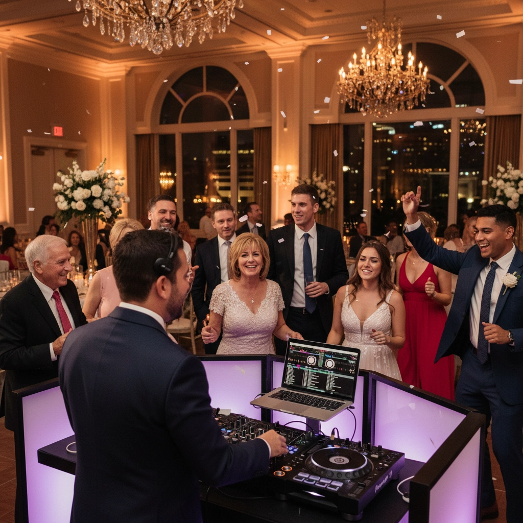 People dancing joyfully at a wedding reception, DJ playing music. Elegant venue with chandeliers, floral decorations, and warm lighting.