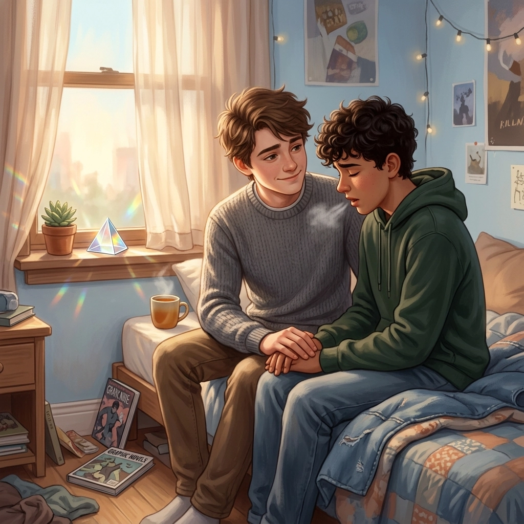 Two teen boys in a tender MM romance scene, illustrating queer healing and soft emotional strength.