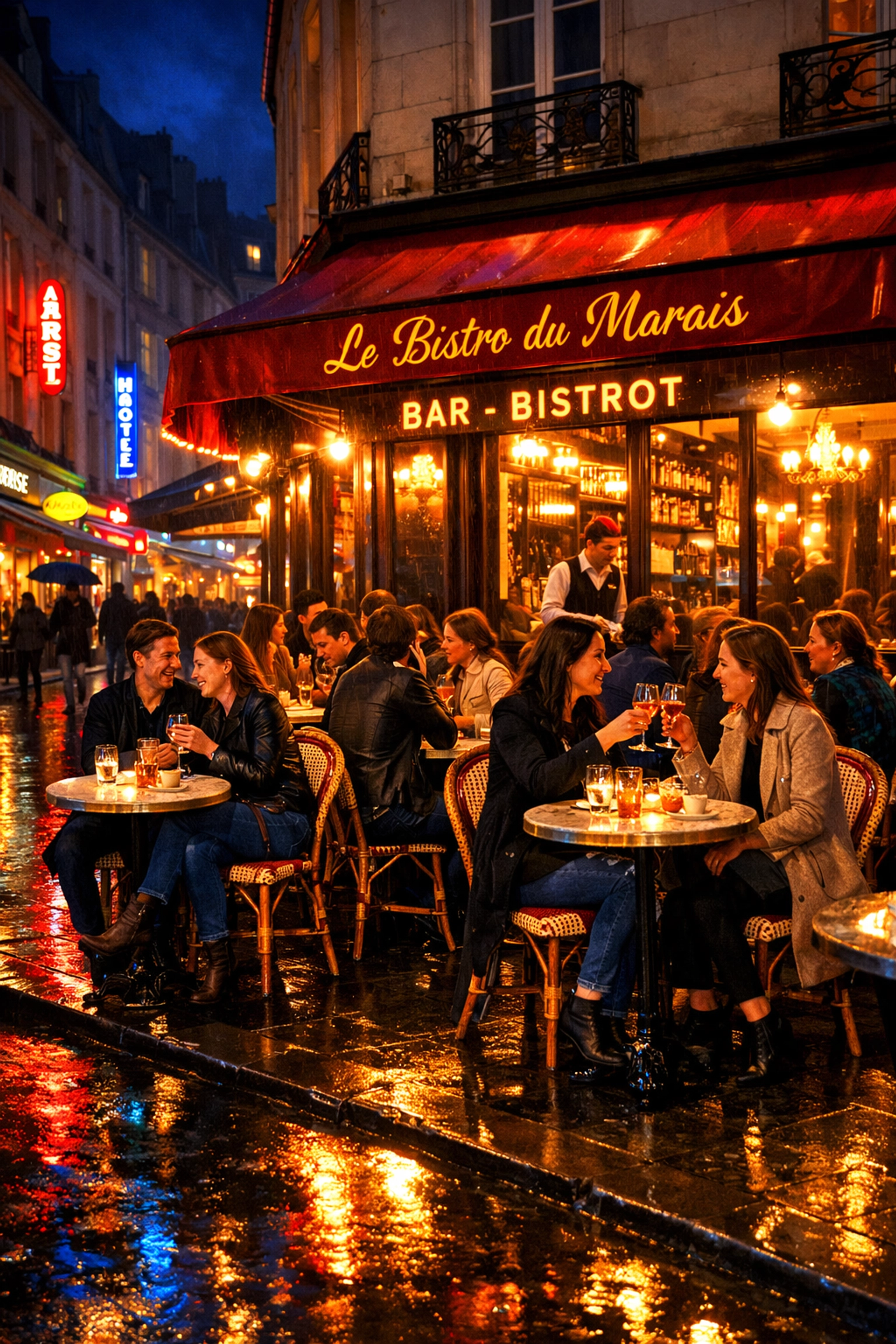 A vibrant evening at a Parisian bistro terrace in the Marais district under warm lights.