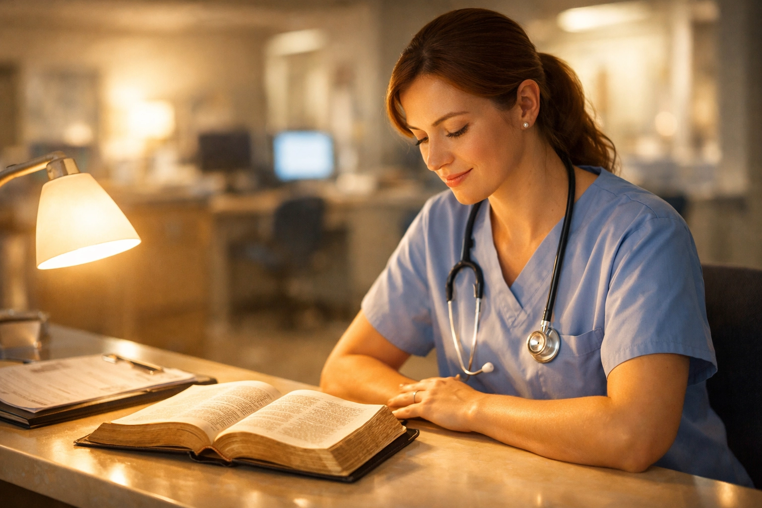 Nurse reading a Bible at a hospital station during the night shift with warm, peaceful lighting.