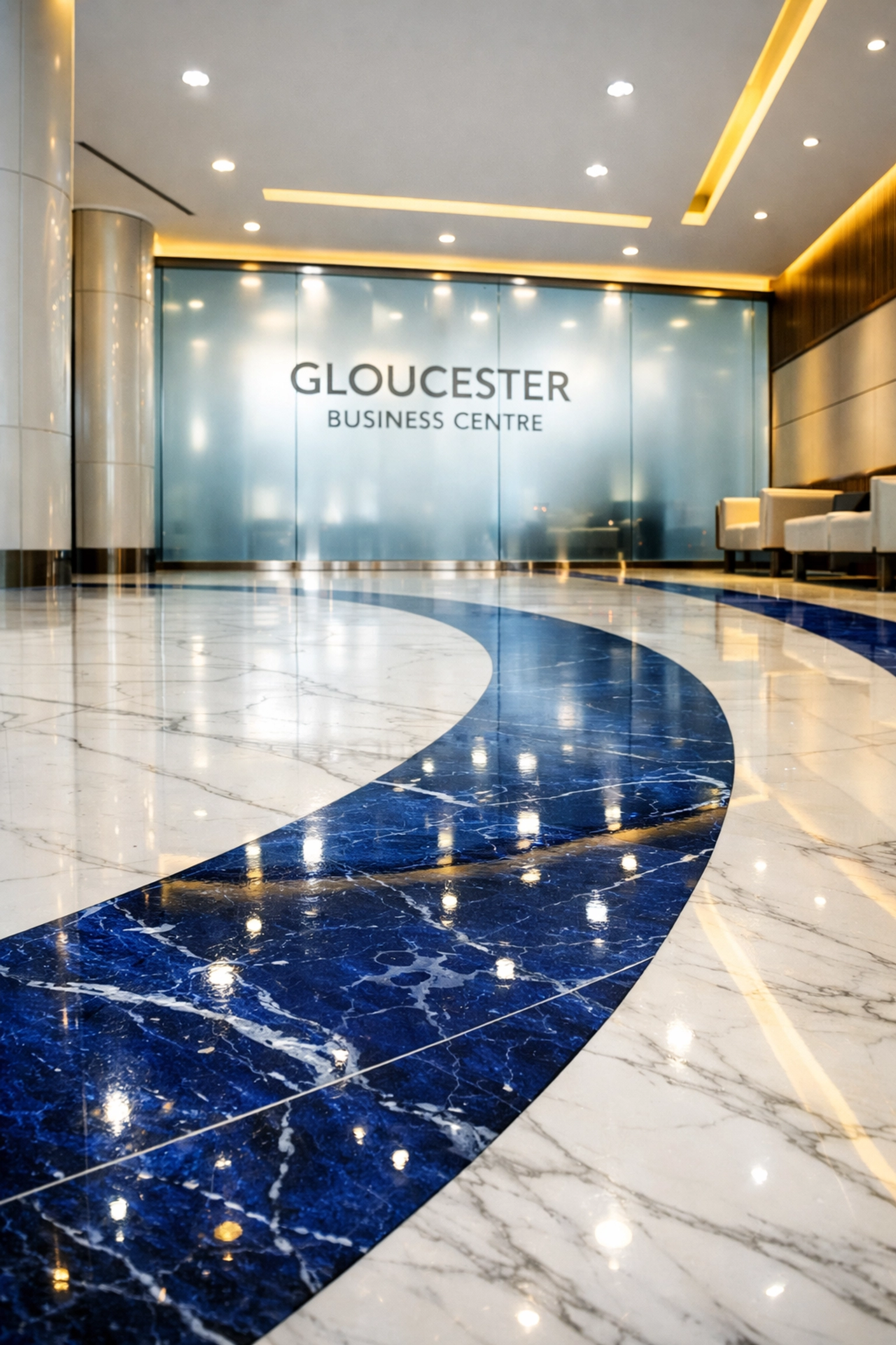 Polished commercial lobby floor in a Gloucester business center, maintained with professional janitorial services.