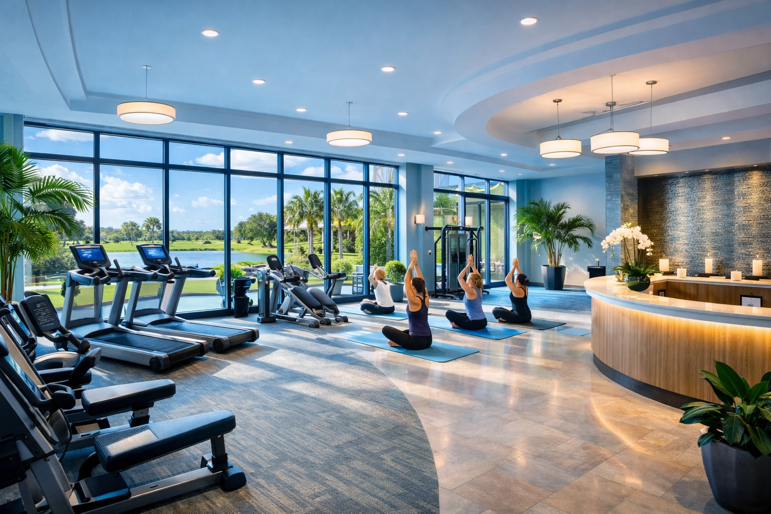 Modern fitness center overlooking golf course at Southwest Florida country club