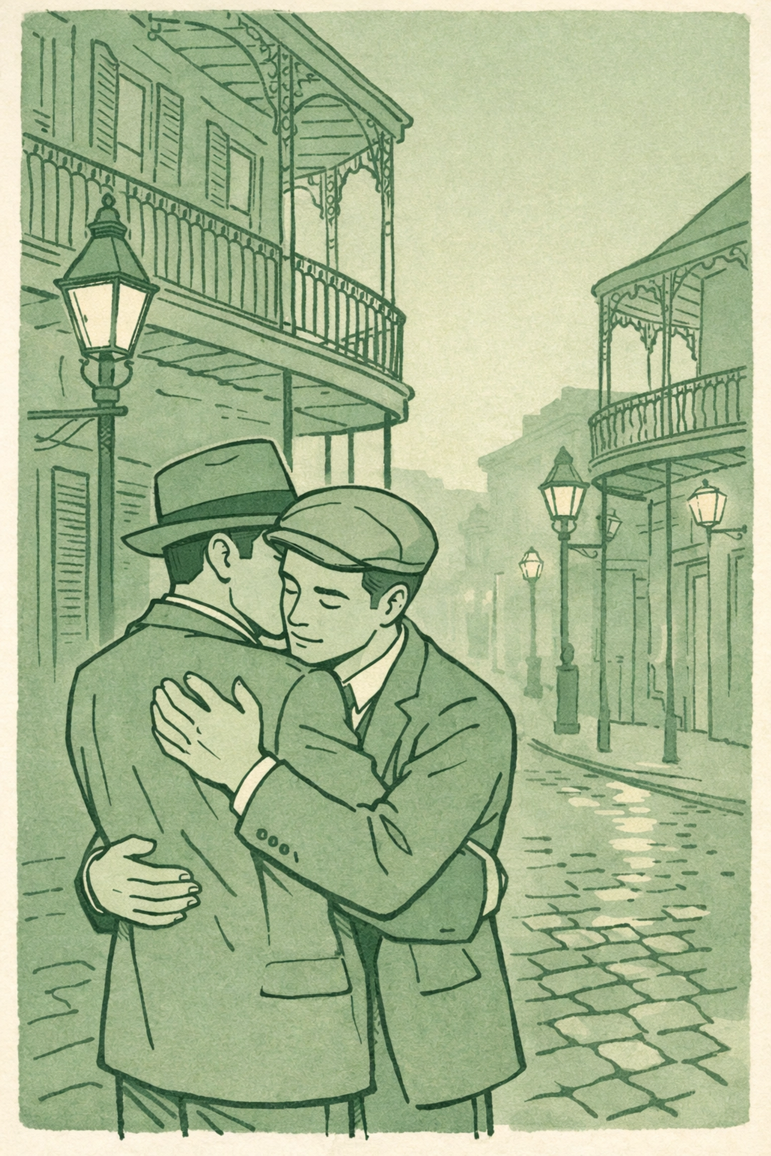 MM couple embracing on French Quarter street corner at dusk - Jazz-Age gay historical romance