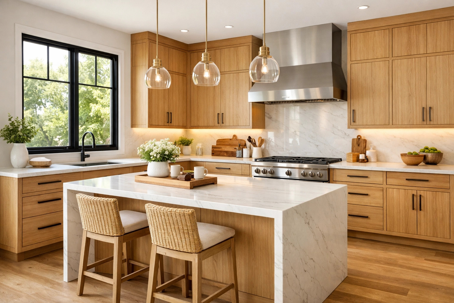 Light-filled Minnesota kitchen renovation with custom rift-cut white oak cabinets and clean marble countertops.