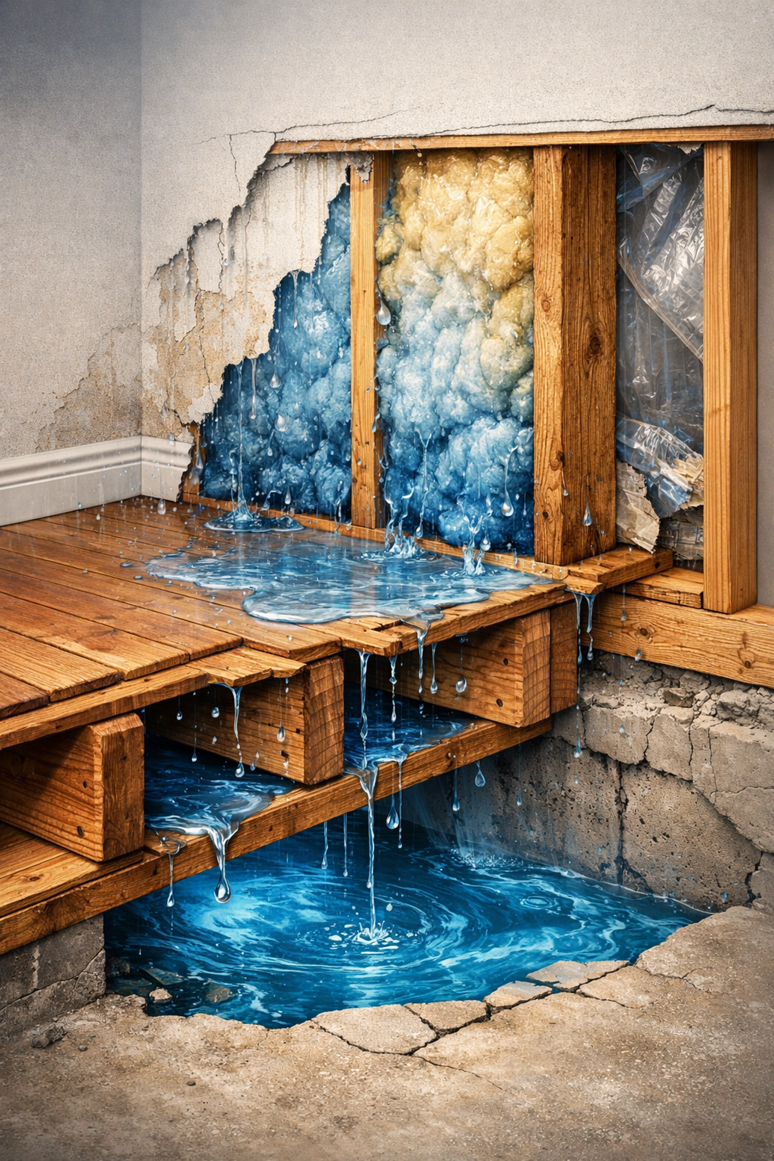 Cross-section view showing hidden water damage behind walls and under flooring