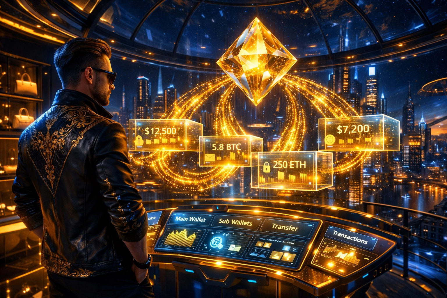 Merchant avatar managing low-fee crypto transactions in a futuristic metaverse shopping boutique.