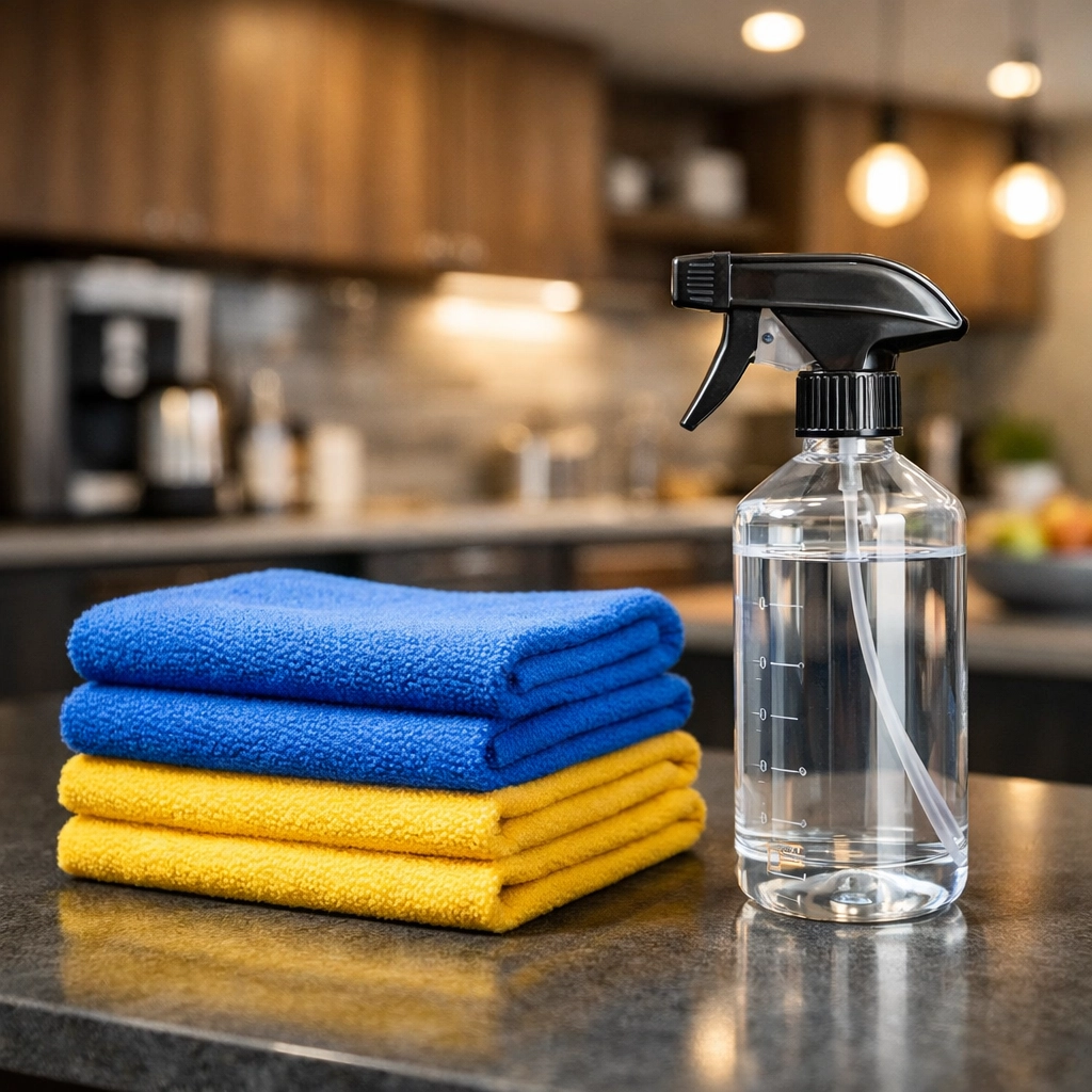 Professional cleaning supplies and microfiber cloths ready for high-quality office cleaning in Littleton.